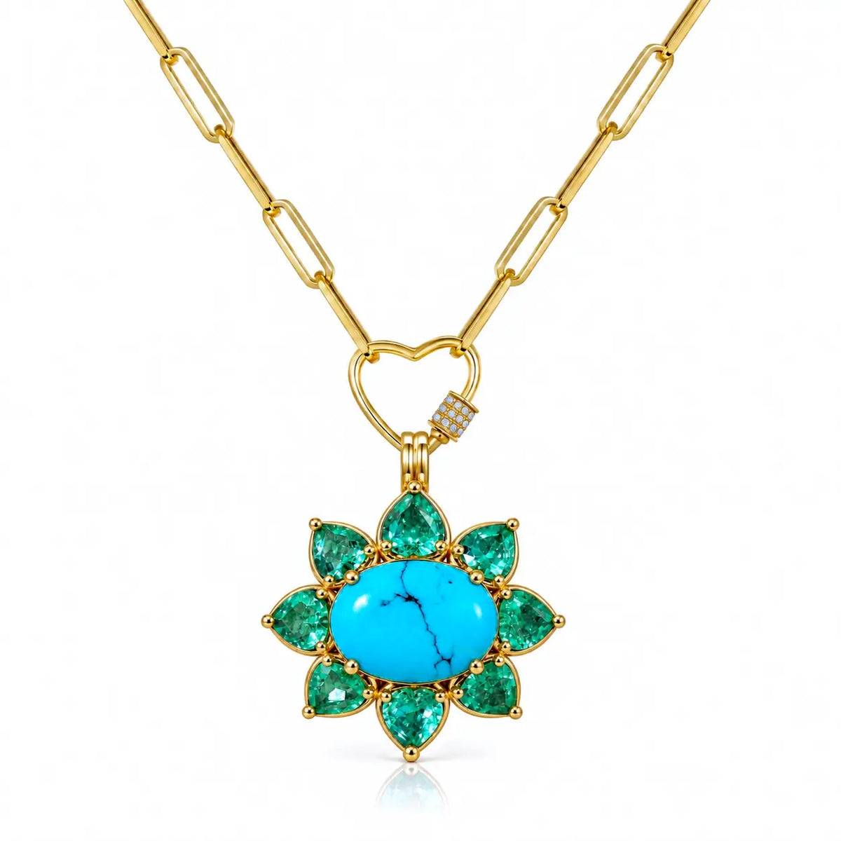 Bloom Halo 5.45 ctw Natural Turquoise & Emerald Diamond Heart Lock Paperclip Chain Necklace (One-of-a-Kind)