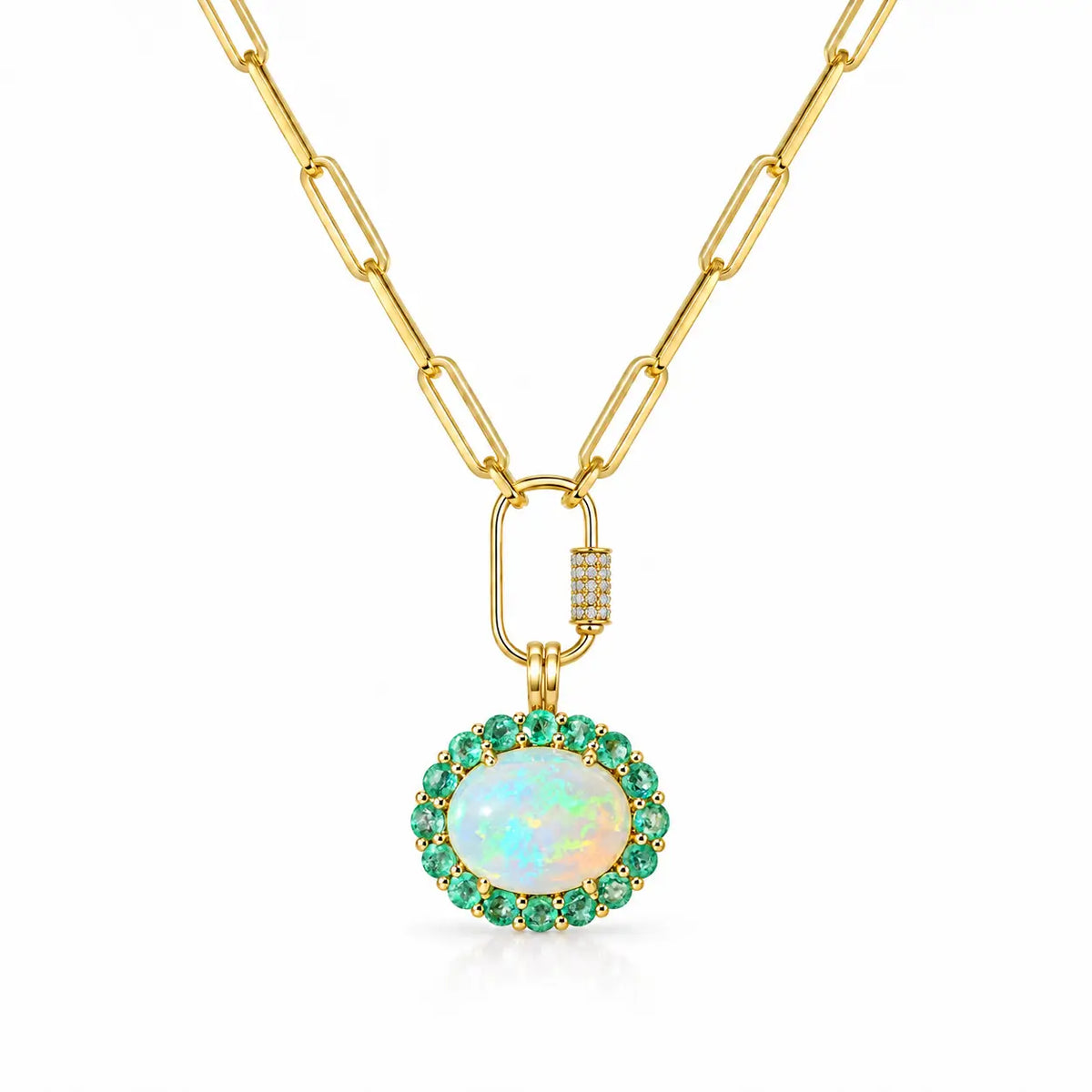 14k yellow gold Eden Halo 5.17 ctw Natural Opal & Emerald Diamond Lock Paperclip Chain Necklace (One-of-a-Kind)