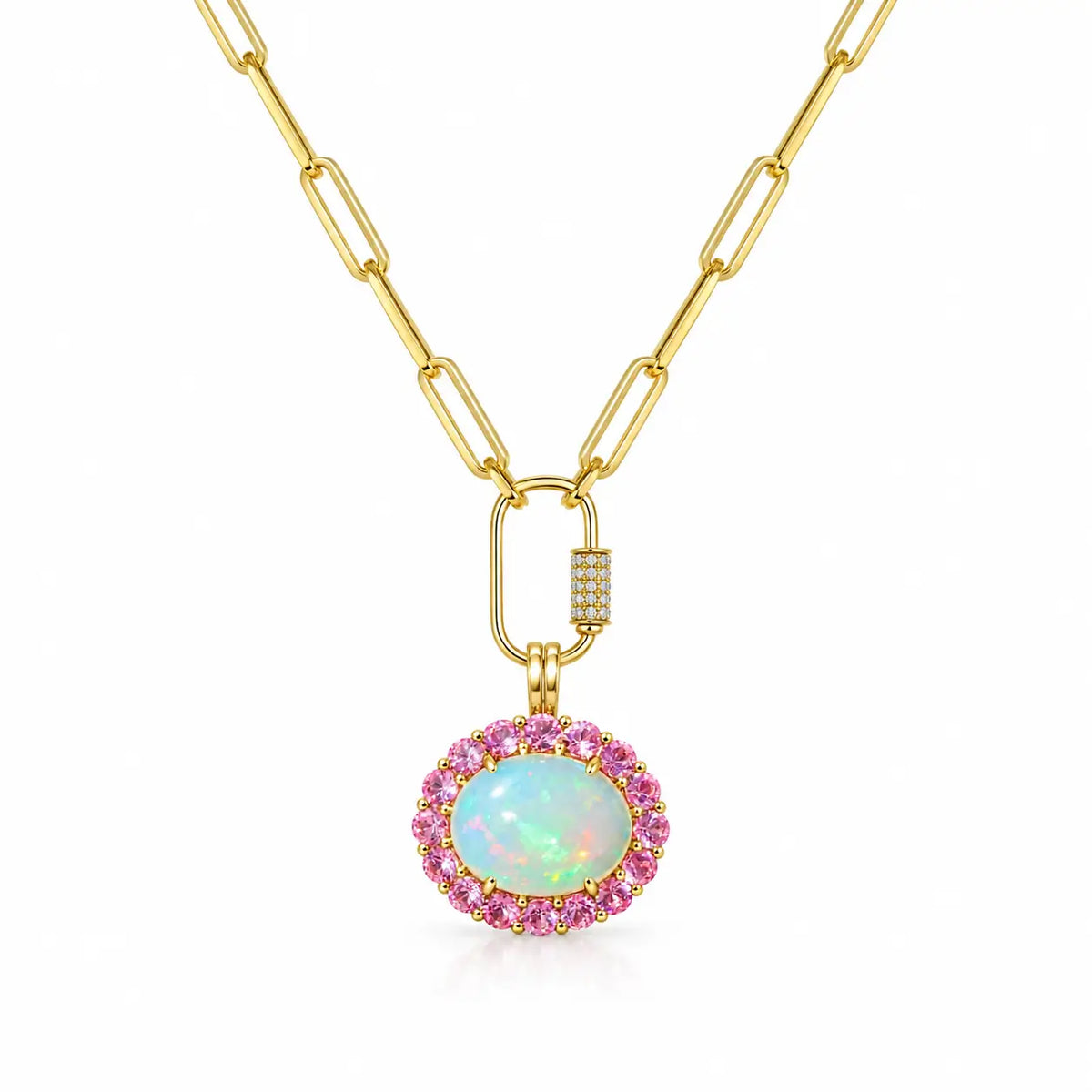 14k yellow gold Eden Halo 4.12 ctw Natural Opal & Pink Sapphire Diamond Lock Paperclip Chain Necklace (One-of-a-Kind)