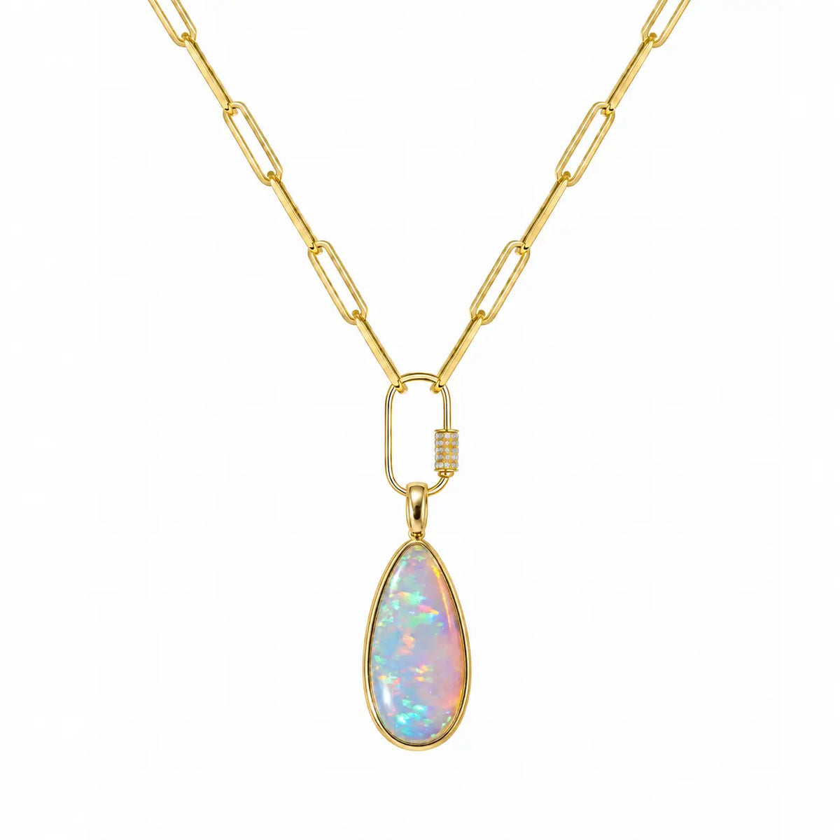 14k yellow gold Vivid Glance 11.15 ctw Natural Opal Diamond Lock Paperclip Chain Necklace (One-of-a-Kind)