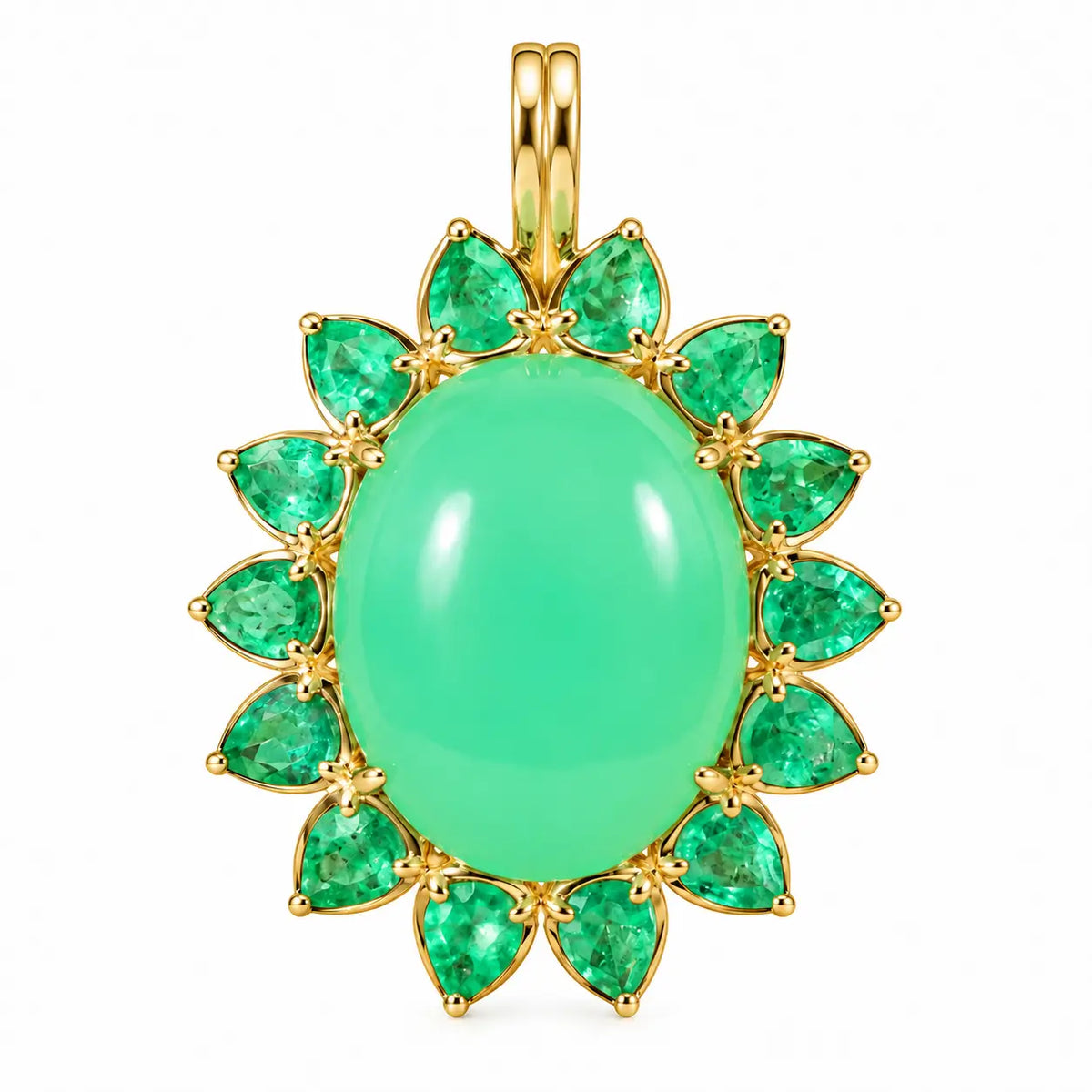 Bloom Halo 13.02 ctw Natural Australian Chrysoprase & Emerald Diamond Lock Paperclip Chain Necklace (One-of-a-Kind)