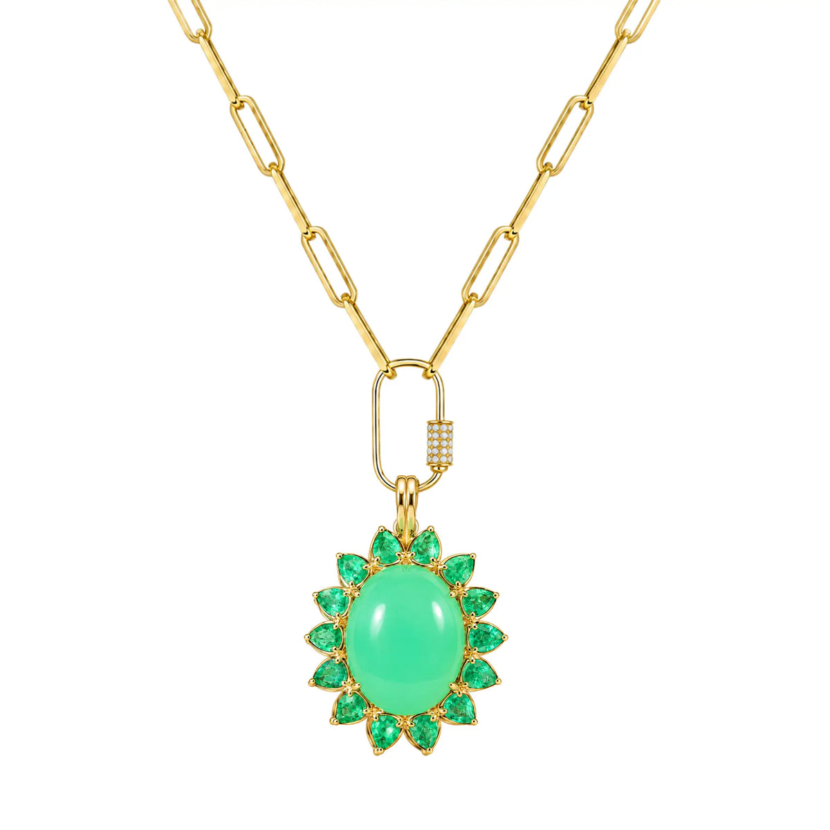 14k yellow gold Bloom Halo 13.02 ctw Natural Australian Chrysoprase & Emerald Diamond Lock Paperclip Chain Necklace (One-of-a-Kind)