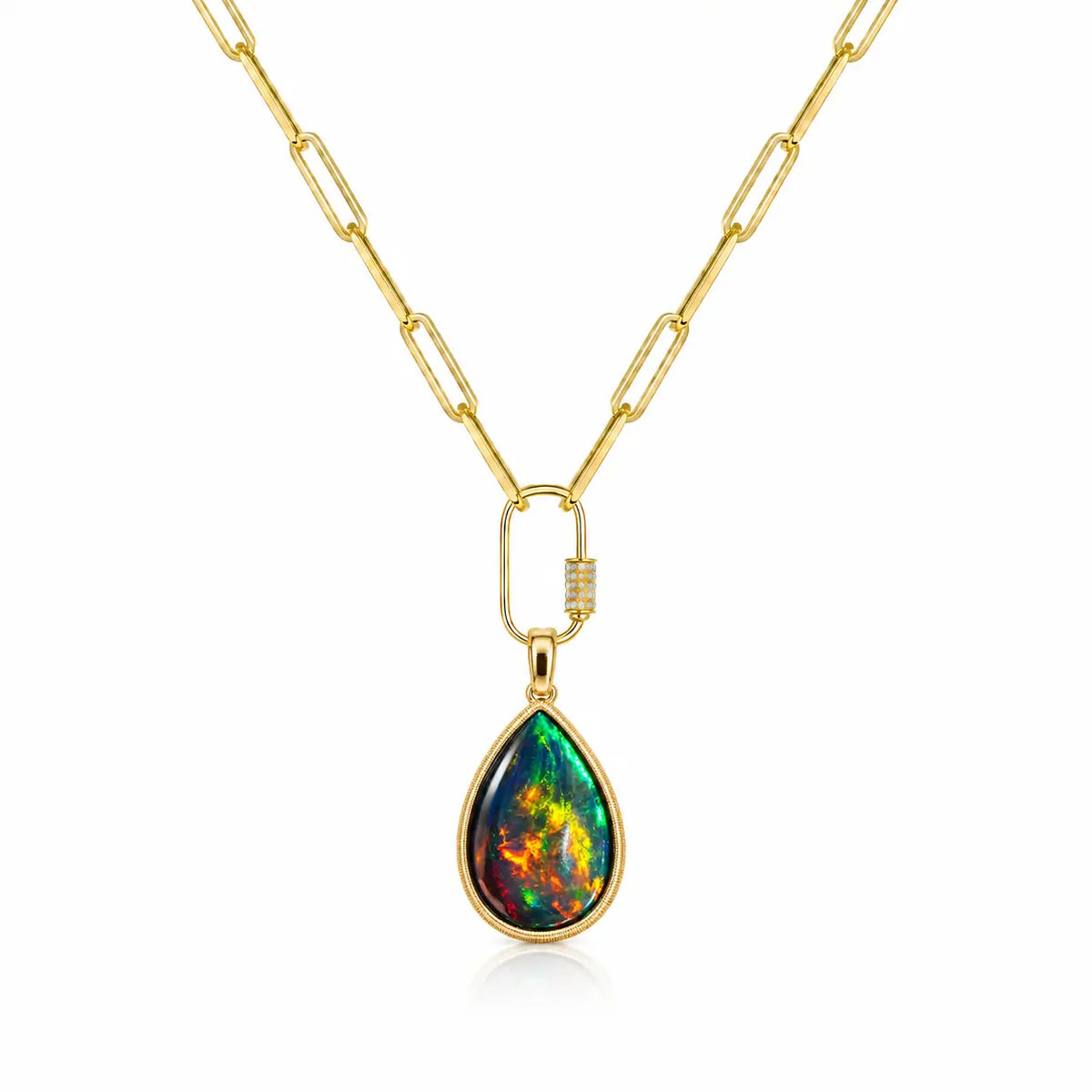 14k yellow gold Vivid Glance 3.97ct Natural Black Opal Diamond Lock Paperclip Chain Necklace (One-of-a-Kind)