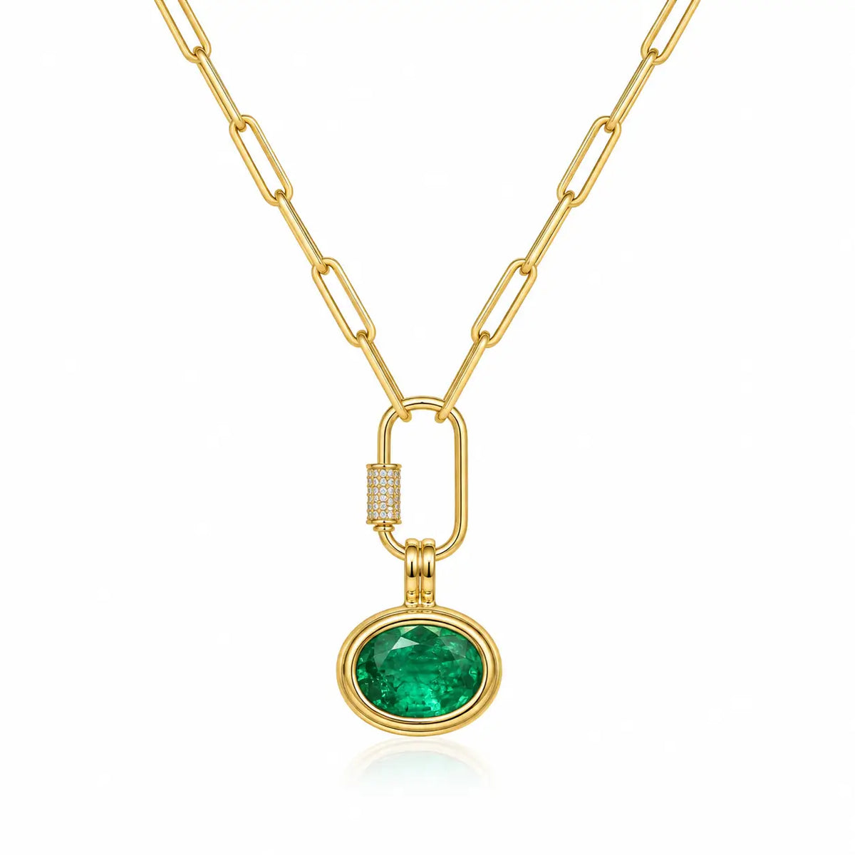 14k yellow gold Bella AIGS Certified 1.70ct Natural Emerald Diamond Lock Paperclip Chain Necklace (One-of-a-Kind)