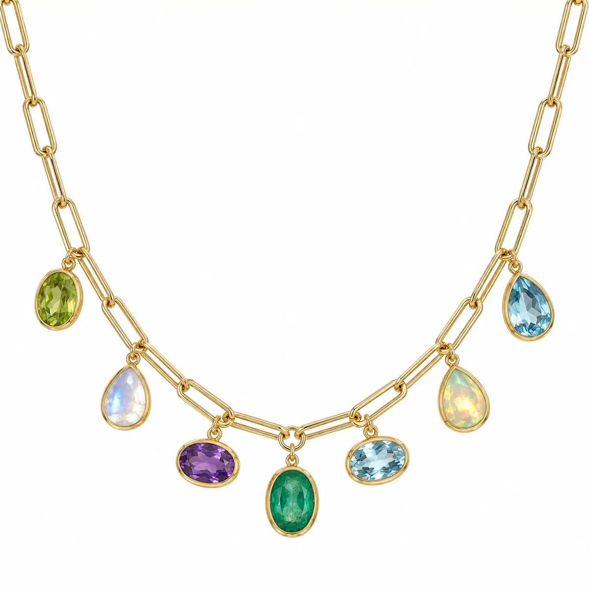 14k yellow gold Earthlight 8.40 ctw Natural Emerald & Aquamarine Seven-Gemstone Paperclip Chain Necklace (One-of-a-Kind)
