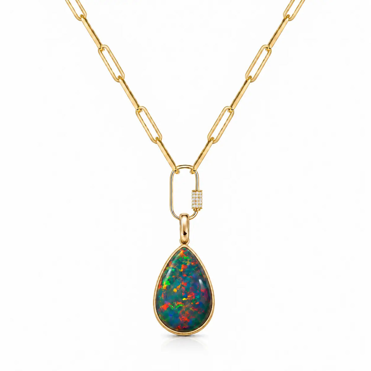 14k yellow gold Vivid Glance 9.37 ctw Natural Black Opal Diamond Lock Paperclip Chain Necklace (One-of-a-Kind)
