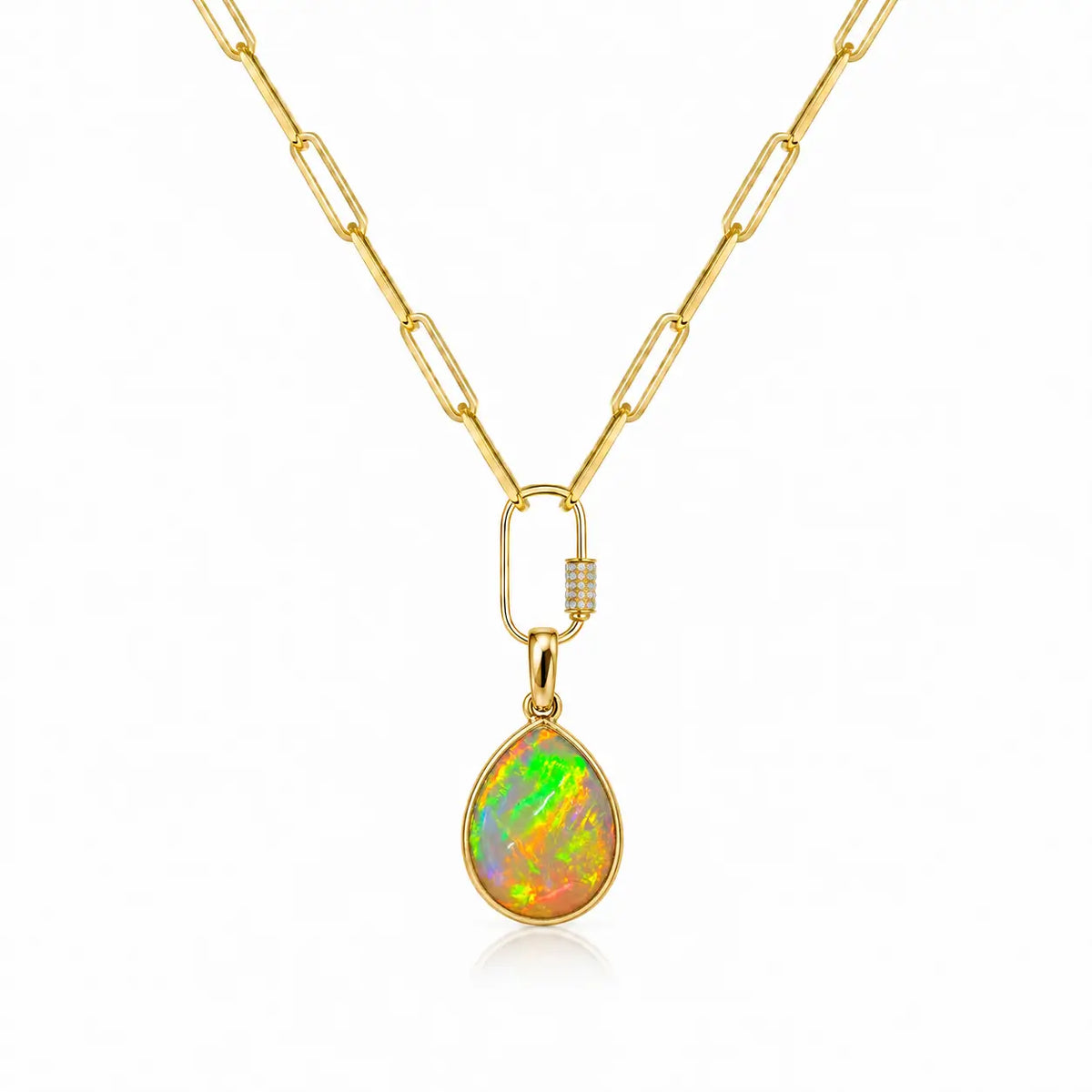 14k solid yellow gold Vivid Glance 6.20 ctw Natural Opal Diamond Lock Paperclip Chain Necklace (One-of-a-Kind)
