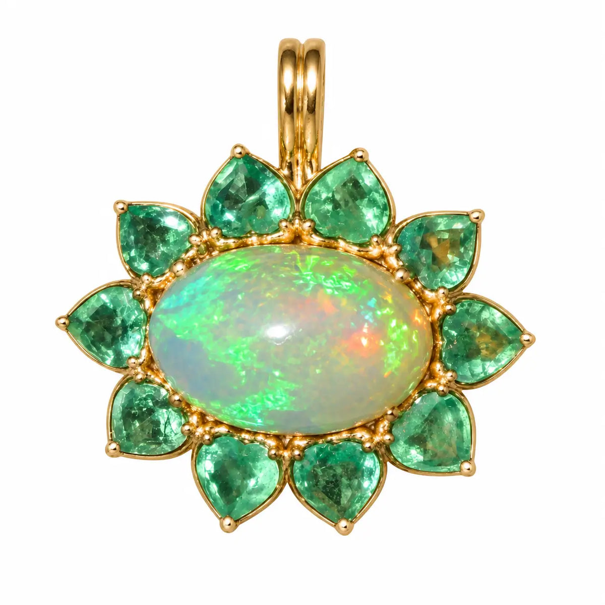 14k yellow gold Bloom Halo 7.96 ctw Natural Opal & Emerald Diamond Heart Lock Paperclip Chain Necklace (One-of-a-Kind)