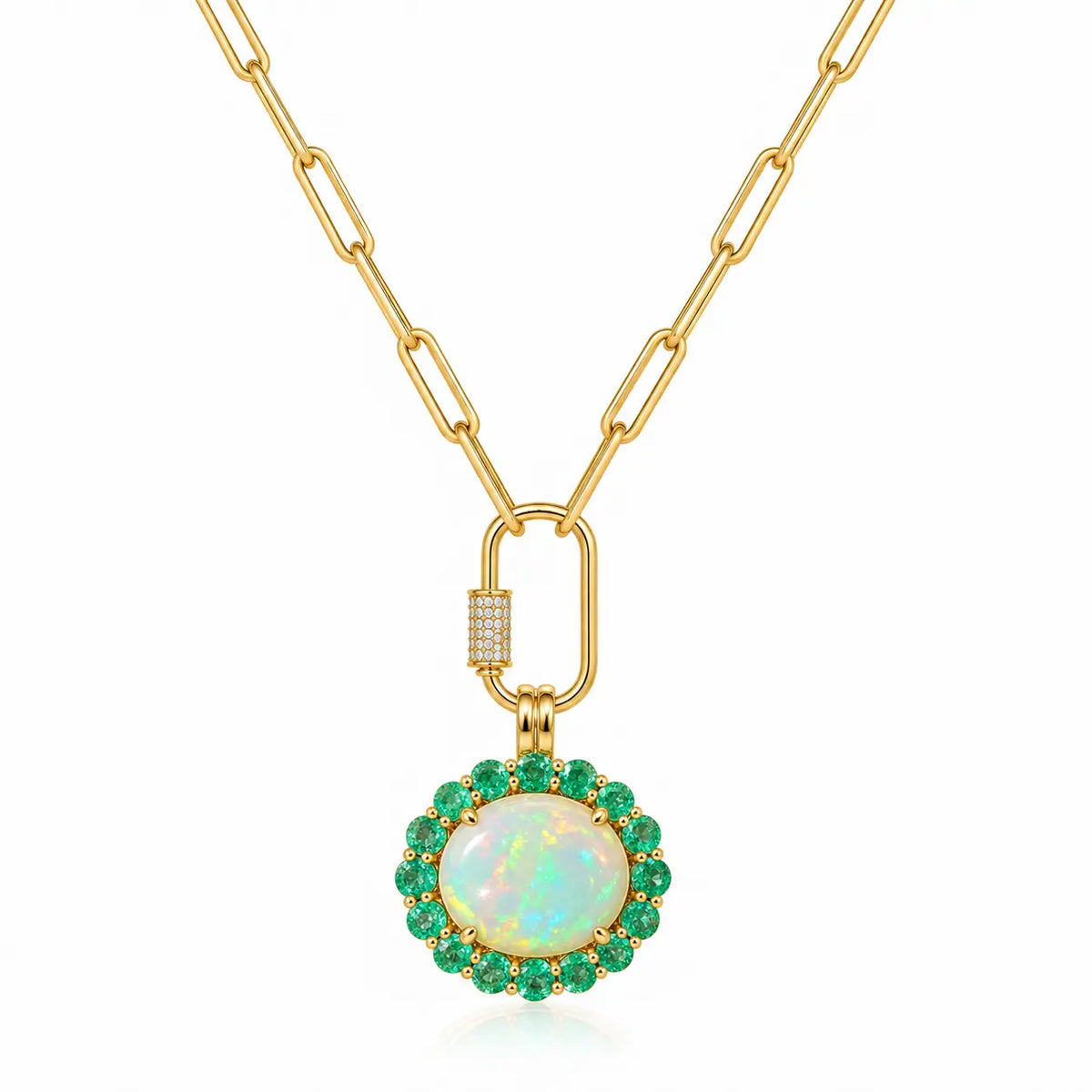 14k yellow gold Eden Halo 6.68 ctw Natural Opal & Emerald Diamond Lock Paperclip Chain Necklace (One-of-a-Kind)