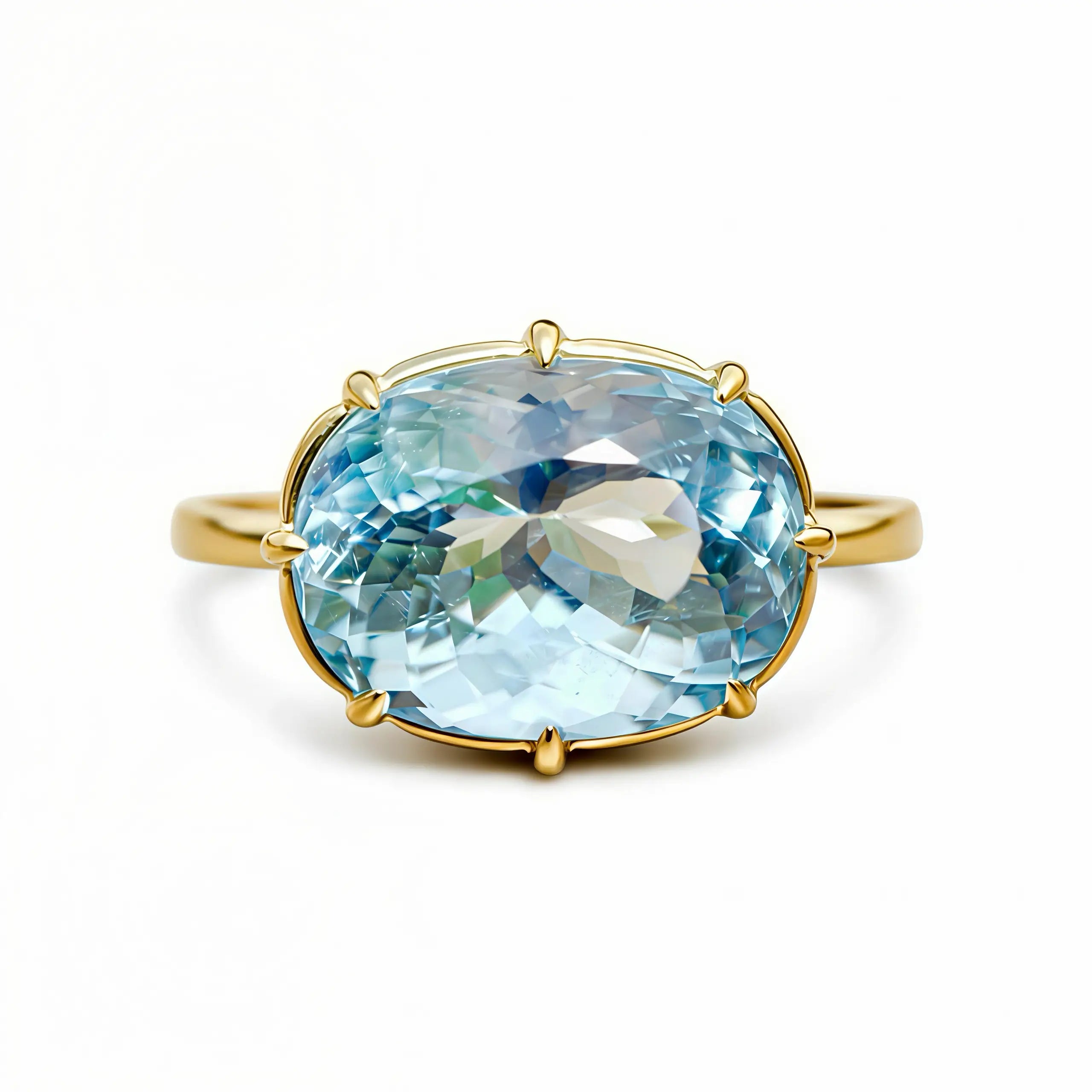 14K Solid Yellow Gold Aurea Certified Santa Maria Aquamarine East-West Ring - 7.31ct (One-of-a-Kind)