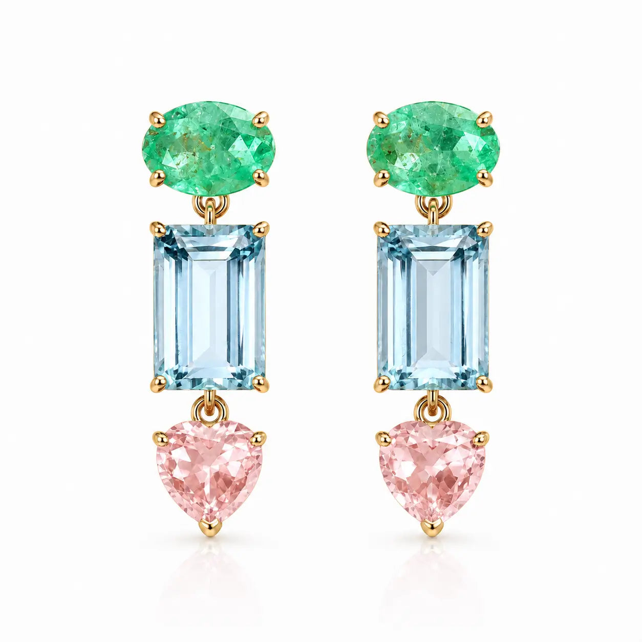 14k yellow gold Garden Melody 3.61 ctw natural Emerald, Aquamarine & Pink Sapphire Drop Earrings (One-of-a-Kind)