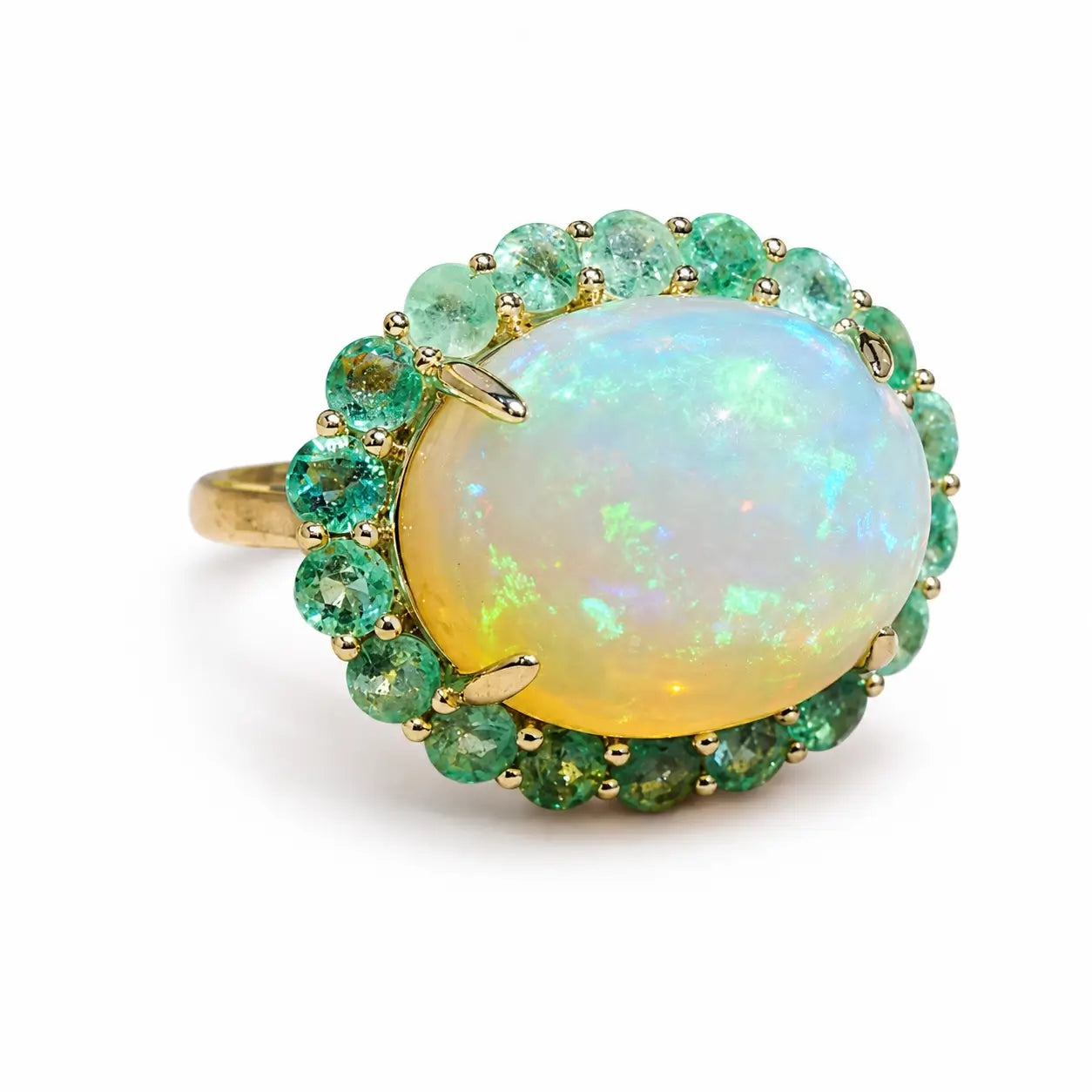 kai fine jewelry Eden Halo 8.58 ctw Natural Opal & Emerald East-West Ring in 14k yellow gold size 7(One-of-a-Kind)