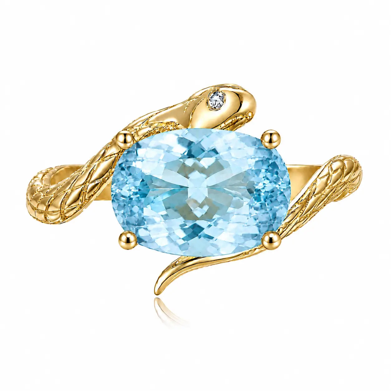 14k yellow gold Snake Protection 3.42 ctw Natural Aquamarine & Diamond East-West Ring (One-of-a-Kind)