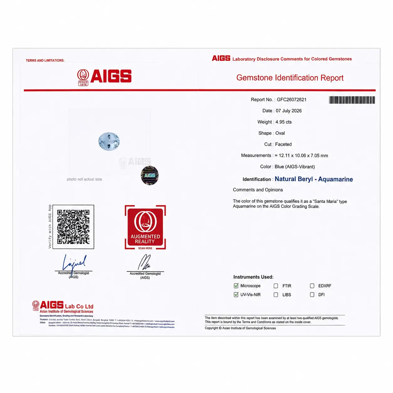 certificate of Bella 4.95 ct AIGS Certified Aquamarine East-West Ring in 14k yellow gold (One-of-a-Kind)