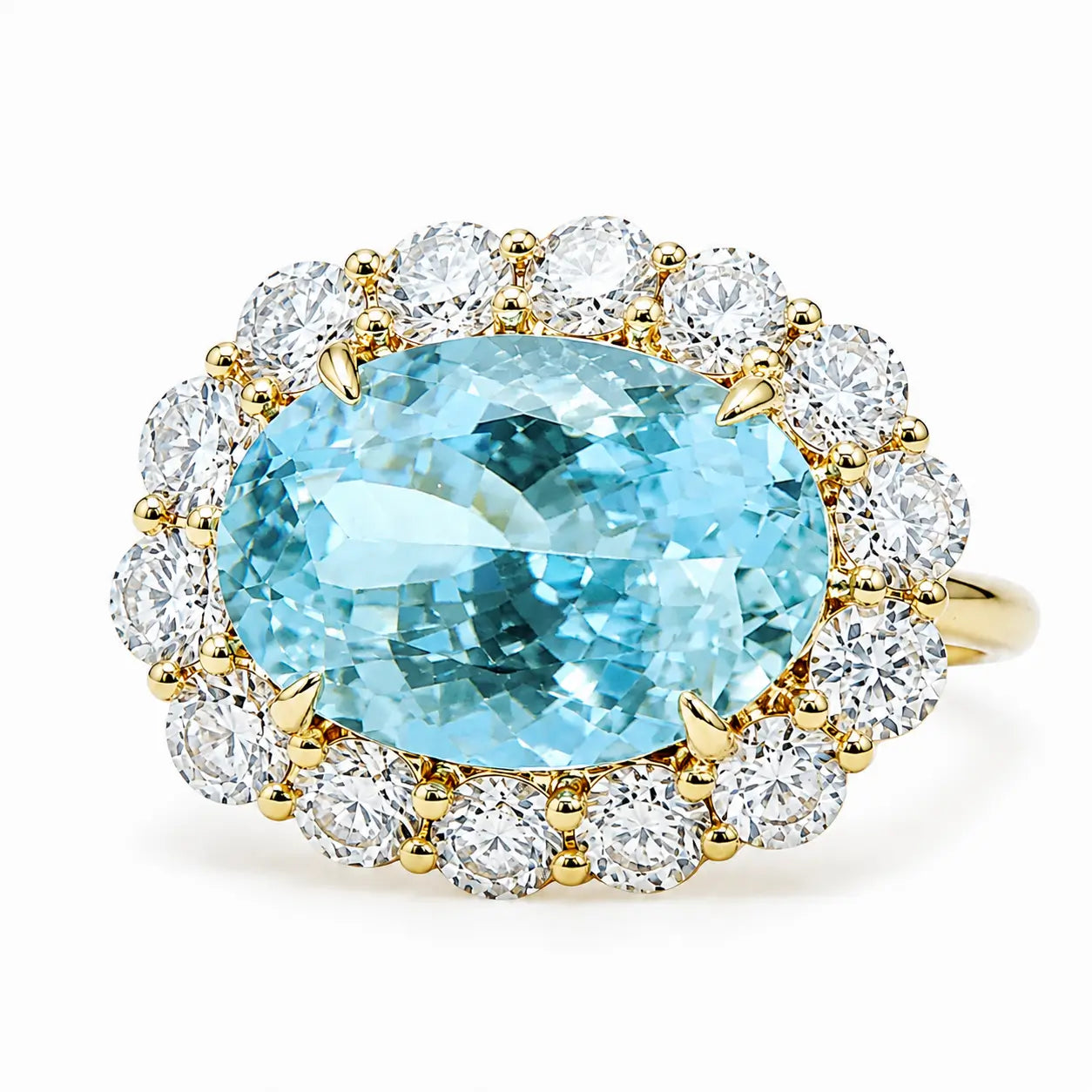 Eden Halo 4.37 ctw Natural Aquamarine & Lab Diamond East-West Ring in 14k yellow gold (One-of-a-Kind)
