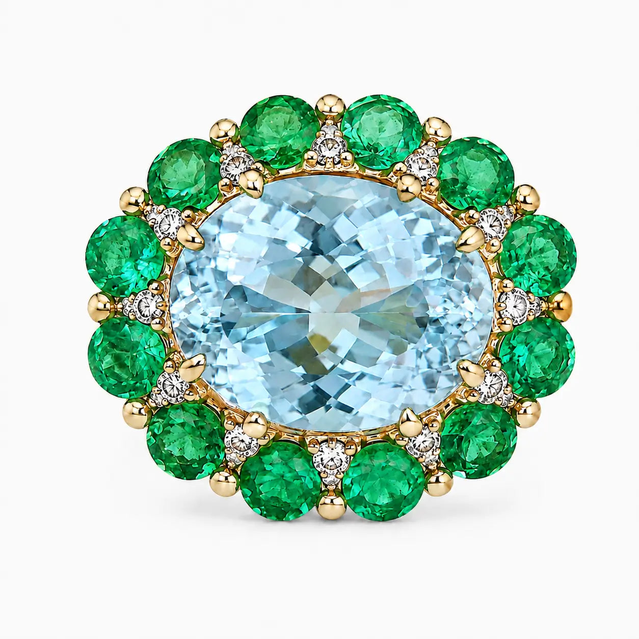 Kai Fine Jewelry Belle Halo 8.19 ctw Guild Certified Natural Aquamarine Emerald & Diamond East-West Ring Size 7 (One-of-a-Kind)