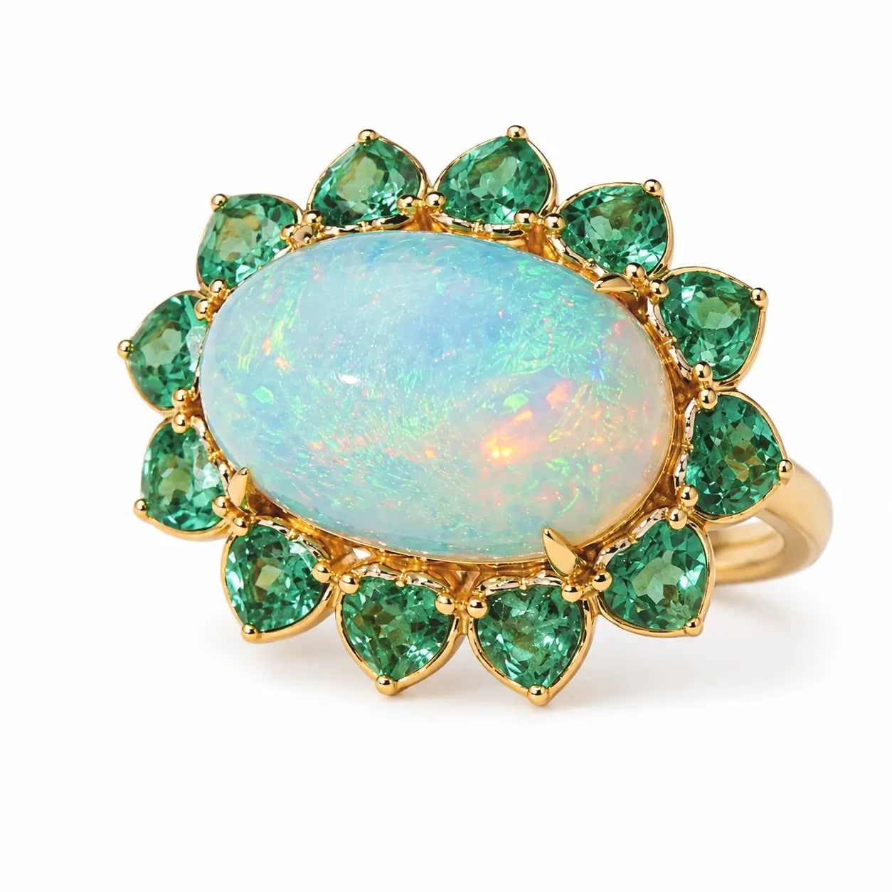 14k yellow gold Bloom Halo 10.14ctw Natural Opal & Emerald East-West Ring (One-of-a-Kind) size 7