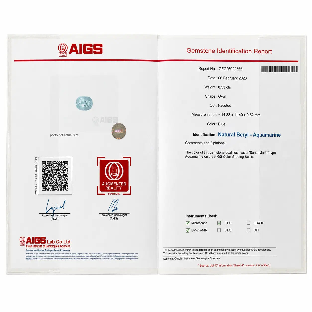 certificate of 14k yellow gold Aria Arch 8.53 ct AIGS Certified Natural Aquamarine East-West Ring (One-of-a-Kind)