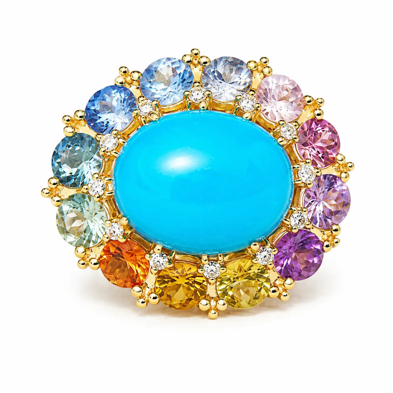 kai fine jewelry 14k yellow gold Belle Halo 4.81 ctw Natural Turquoise, Sapphire & Diamond East-West Ring (One-of-a-Kind)