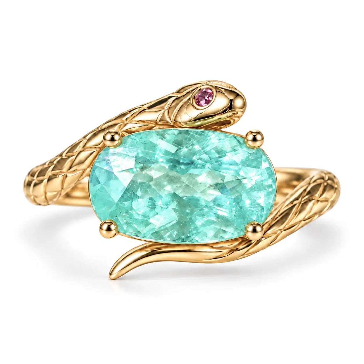 14k yellow gold Snake Protection 1.77 ctw AIGS Certified Natural Paraiba Tourmaline & Pink Sapphire East-West Ring (One-of-a-Kind)