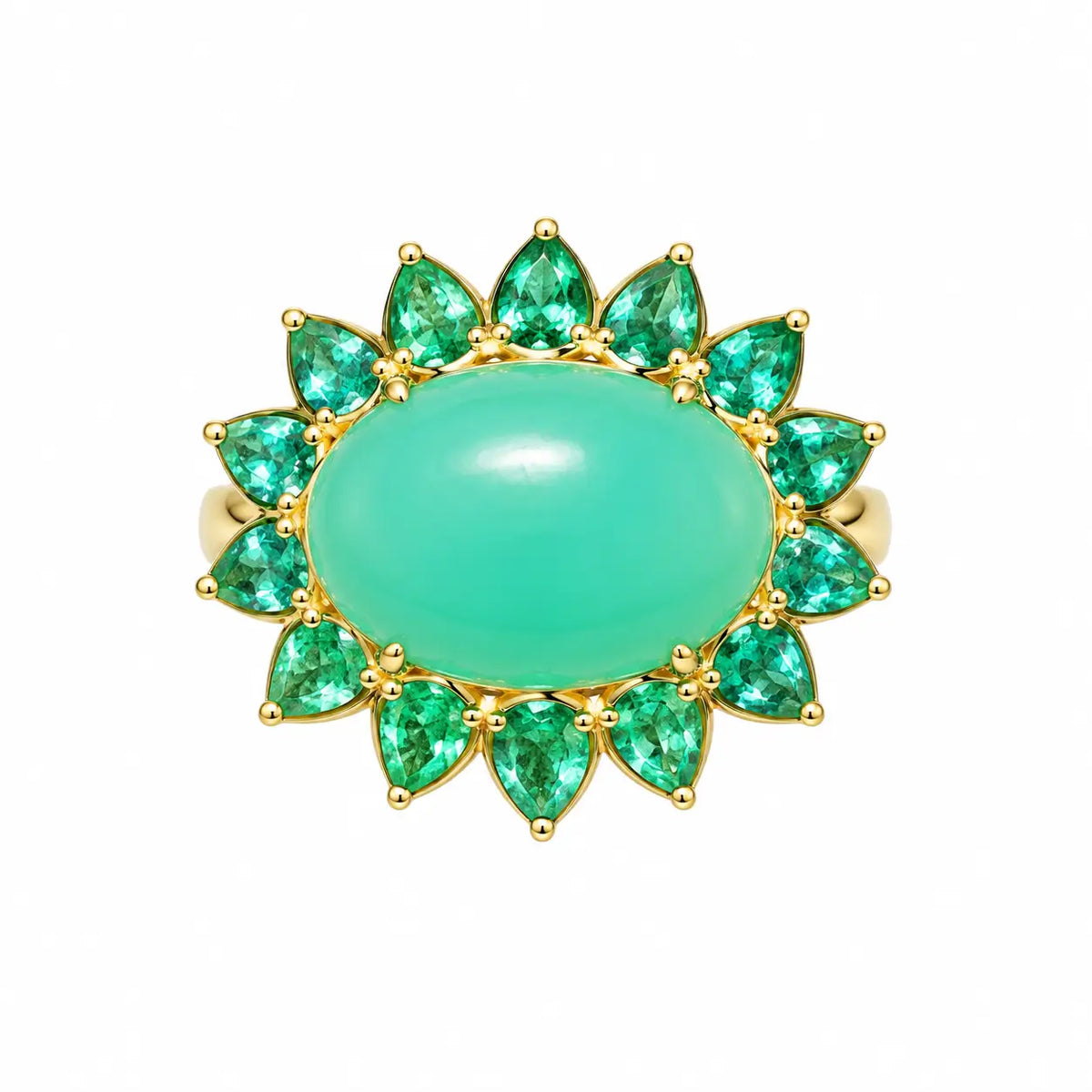14k yellow gold Bloom Halo 8.49 ctw Natural Australian Chrysoprase & Emerald East-West Ring (One-of-a-Kind)