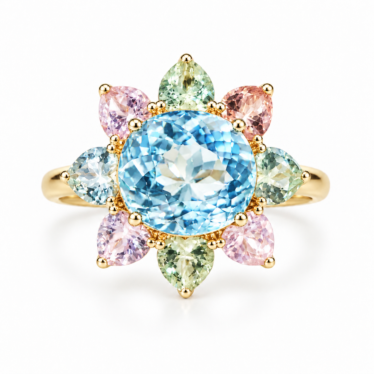 Bloom Halo 4.80 ctw Aquamarine & Pastel Tourmaline Ring (One-of-a-Kind)
