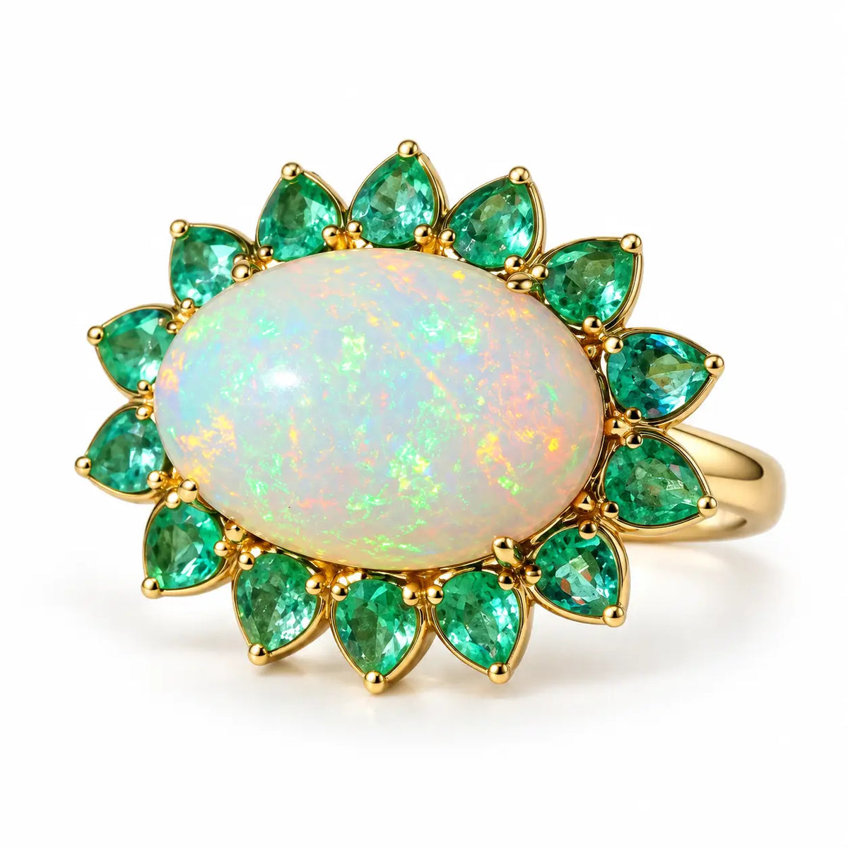 Bloom Halo 9.09 ctw Natural Opal & Emerald East-West Ring (One-of-a-Kind)