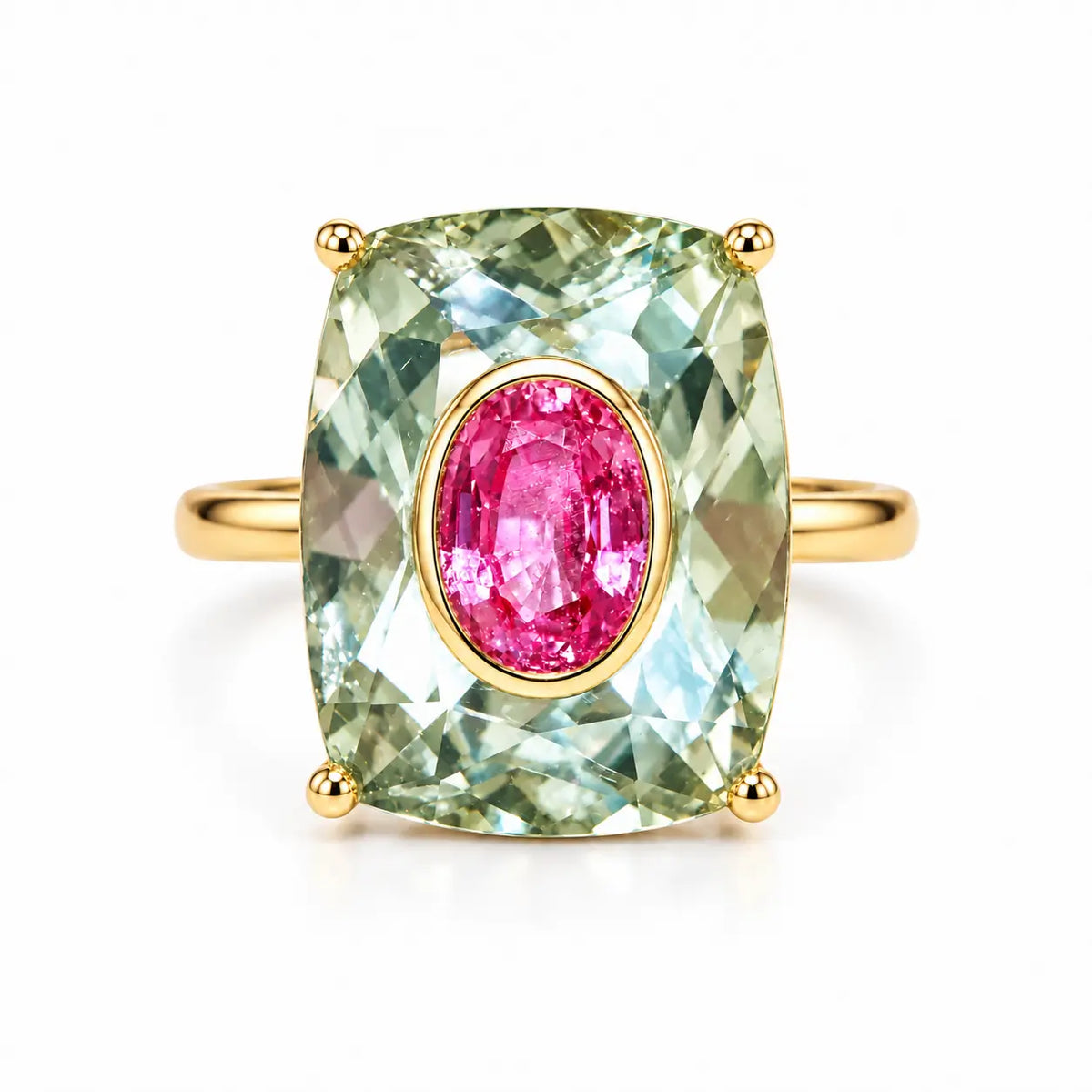 14k solid yellow gold Inner Light 10.90 ctw Natural Prasiolite & Pink Sapphire Ring (One-of-a-Kind)