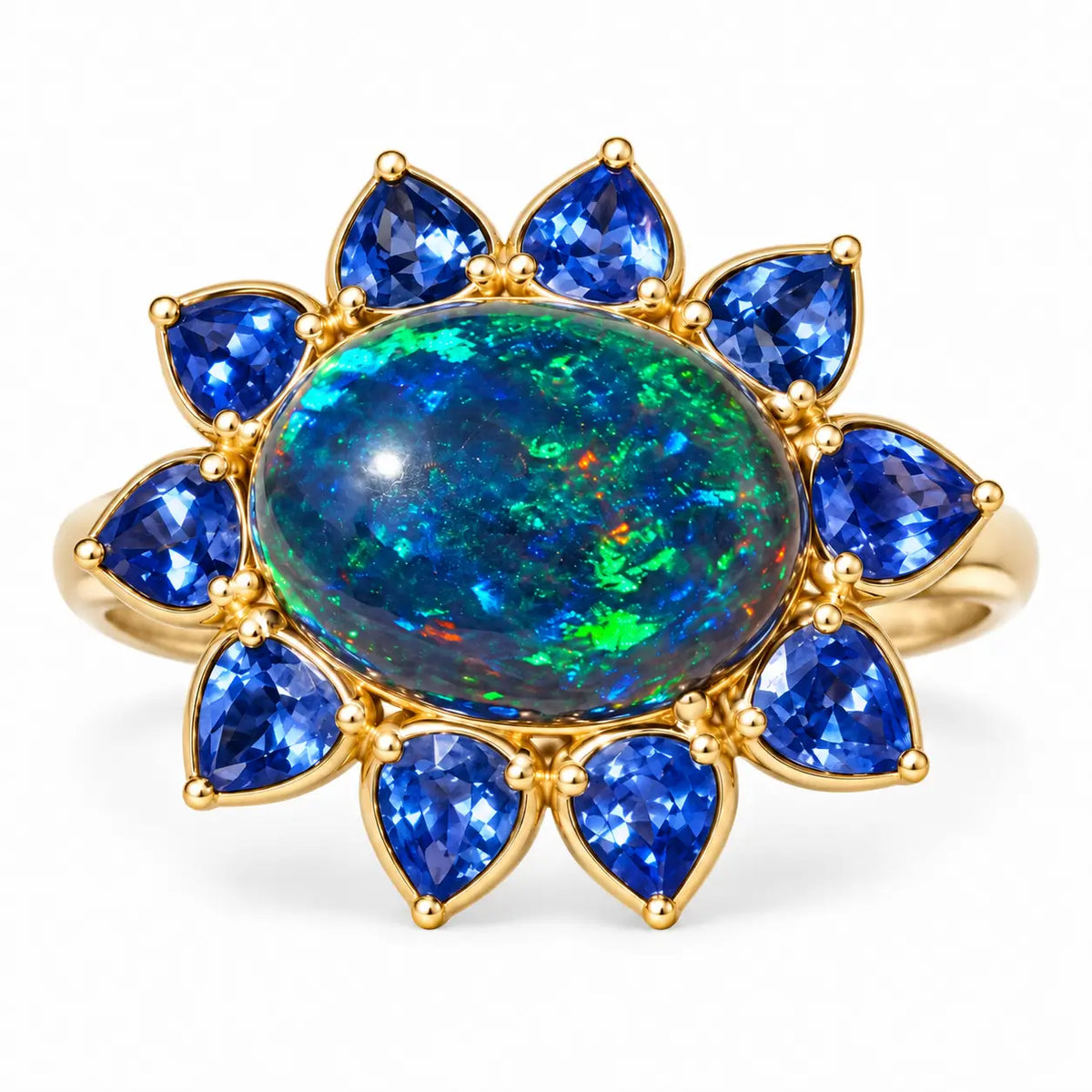 14k yellow gold Bloom Halo 9.69 ctw Natural Opal & Sapphire East-West Ring (One-of-a-Kind)