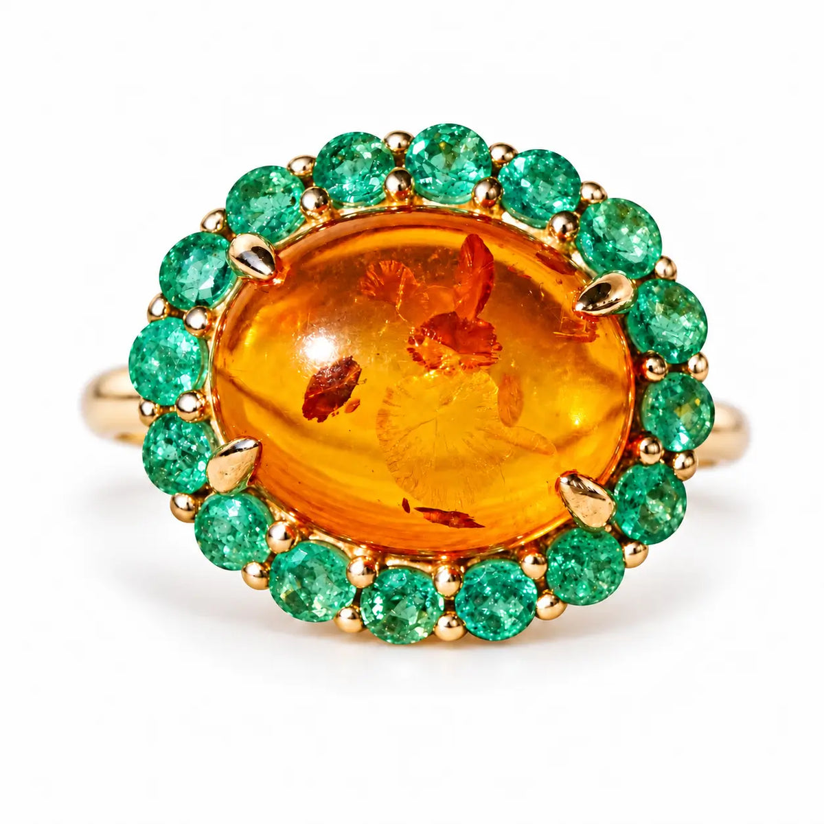 14k yellow gold Eden Halo 2.69 ctw Natural Amber & Emerald East-West Ring (One-of-a-Kind)