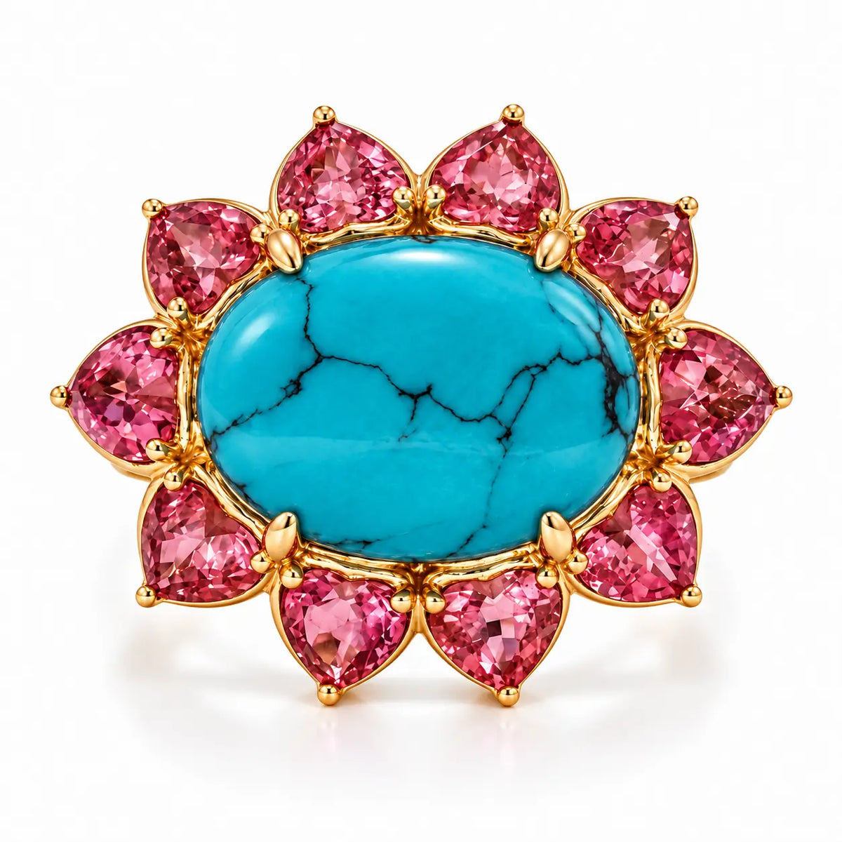 14k yellow gold Bloom Halo 6.15 ctw Natural Turquoise & Pink Tourmaline East-West Ring (One-of-a-Kind)