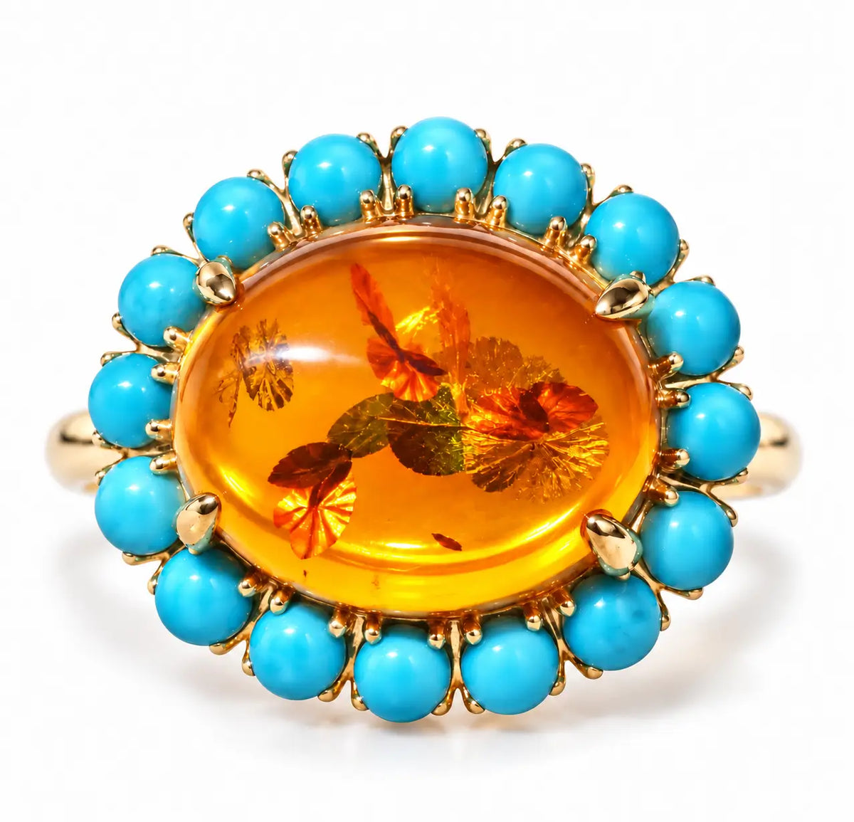 14k yellow gold Eden Halo 3.14 ctw Natural Golden Amber & Turquoise East-West Ring (One-of-a-Kind)