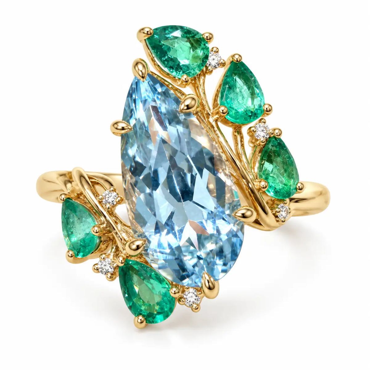 14k yellow gold Enchanted Vine 2.83 ctw Natural Aquamarine, Emerald & Diamond Ring (One-of-a-Kind)