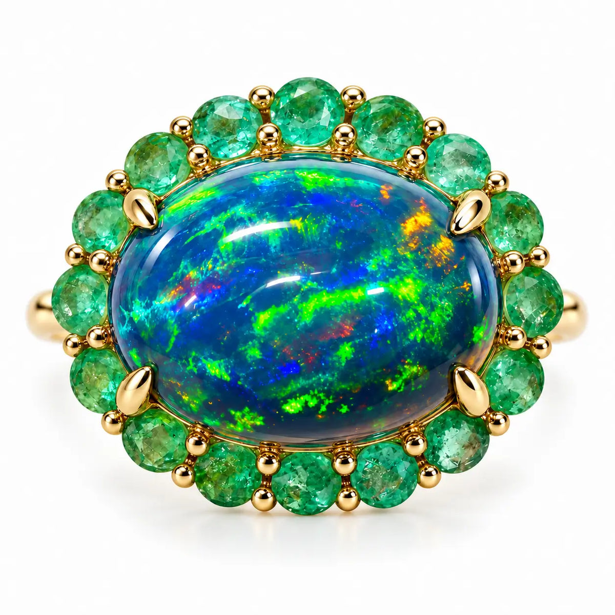 Eden Halo 5.22 ctw Natural Black Opal & Emerald East-West Ring (One-of-a-Kind)
