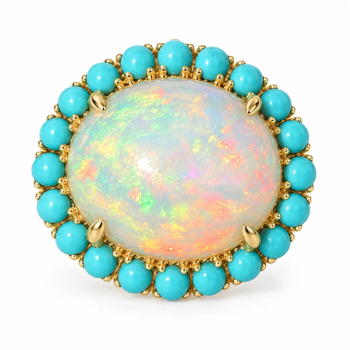 14k yellow gold Eden Halo 8.44 ctw Natural Opal & Turquoise East-West Ring (One-of-a-Kind)