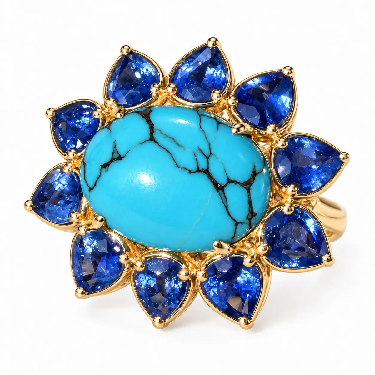 14k yellow gold Bloom Halo 7.01 ctw Natural Turquoise & Blue Sapphire East-West Ring (One-of-a-Kind)