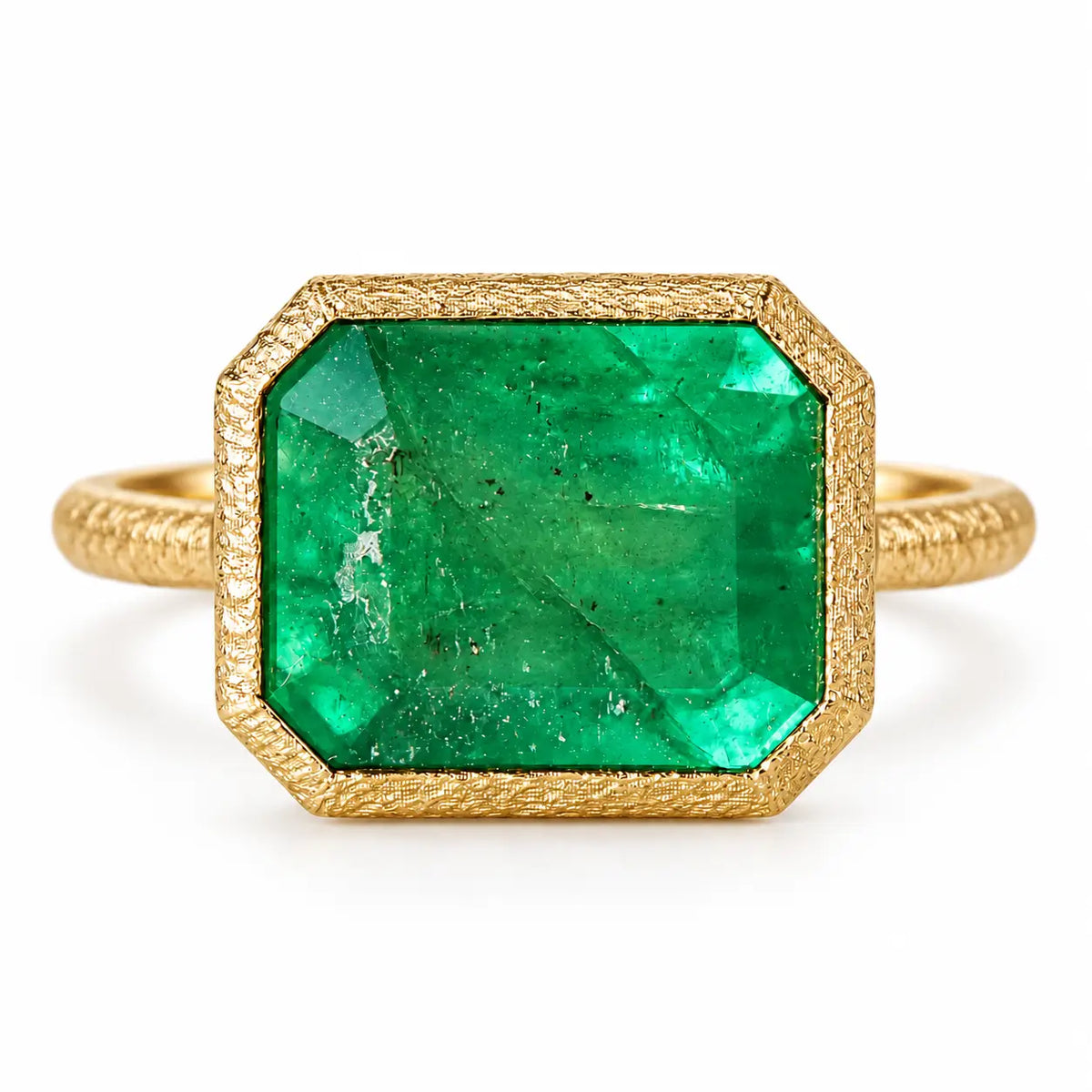 14k yellow gold Aria Arch 4.53 ct Guild Certified Natural Emerald East-West Ring (One-of-a-Kind)