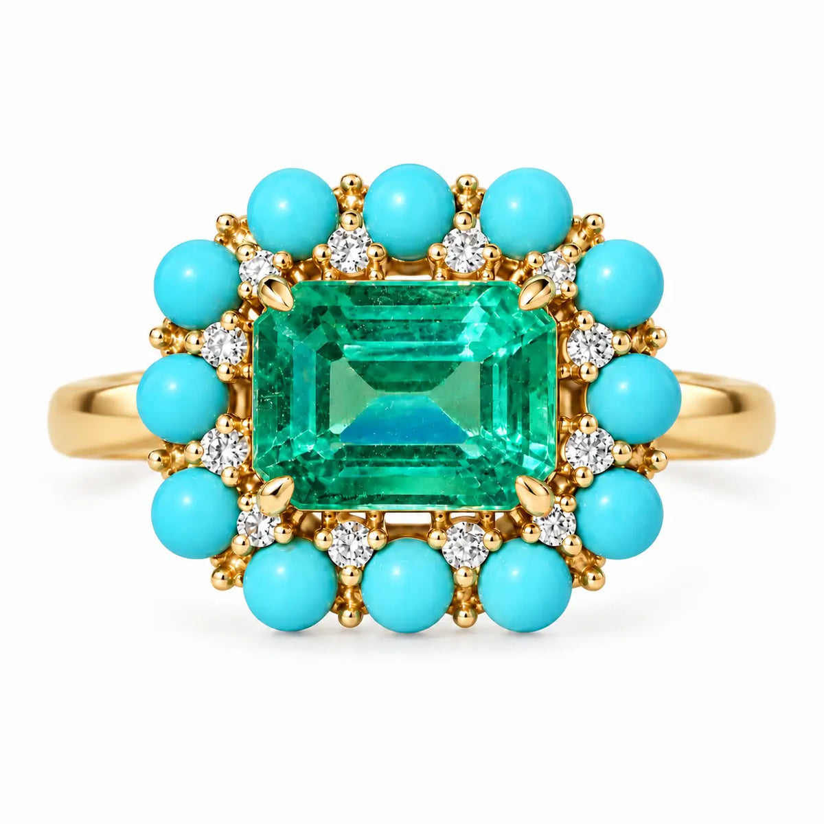 14k yellow gold Belle Halo 1.55 ctw AIGS Certified Natural Emerald, Turquoise & Diamond Earrings (One-of-a-Kind)
