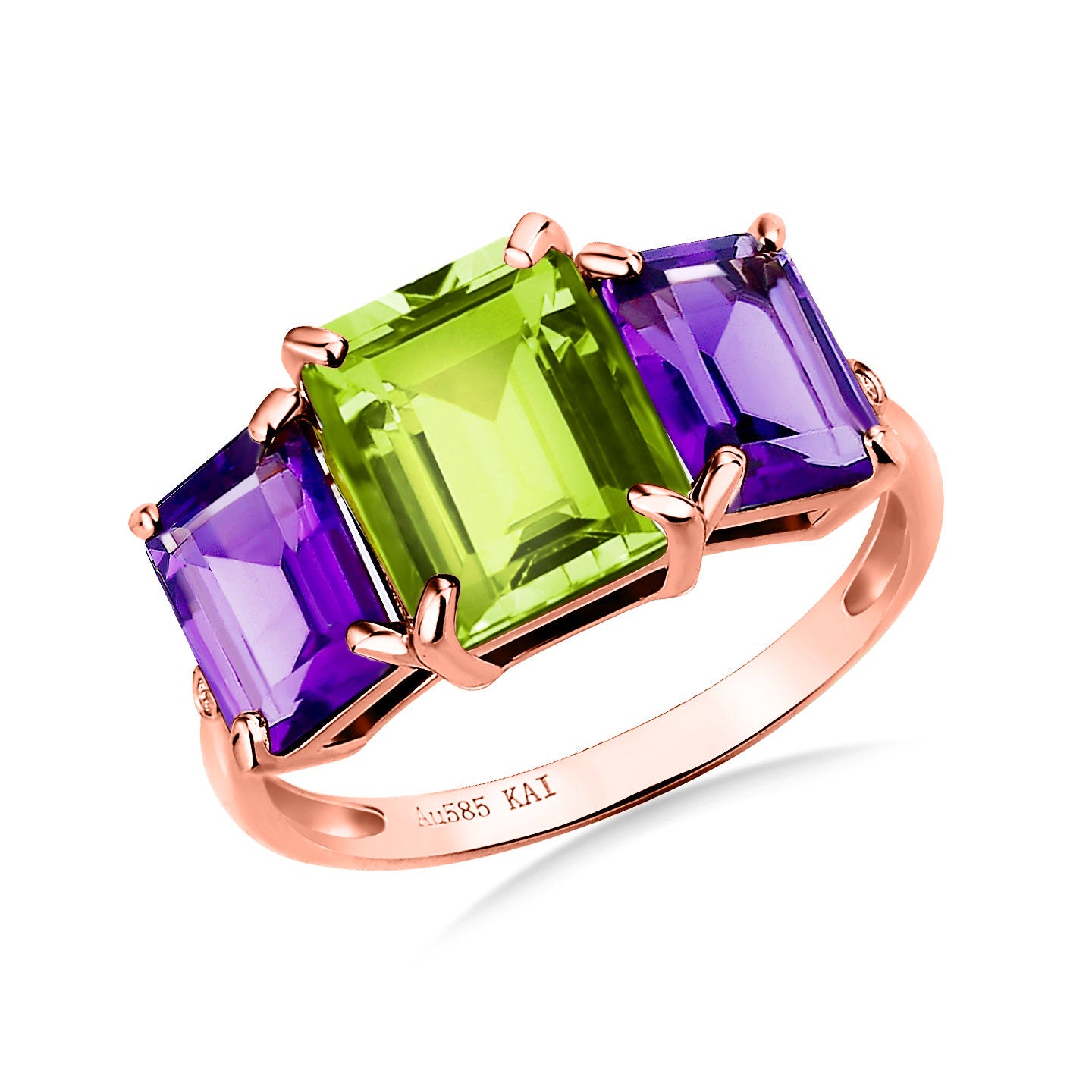 Fortune Peridot Amethyst Diamond Three-Stone Ring