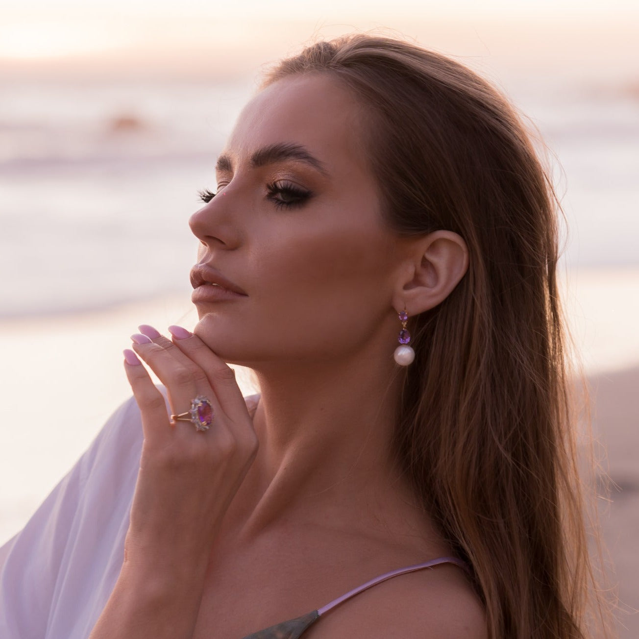 Divina Pear Amethyst Diamond Pearl Convertible Drop Earrings