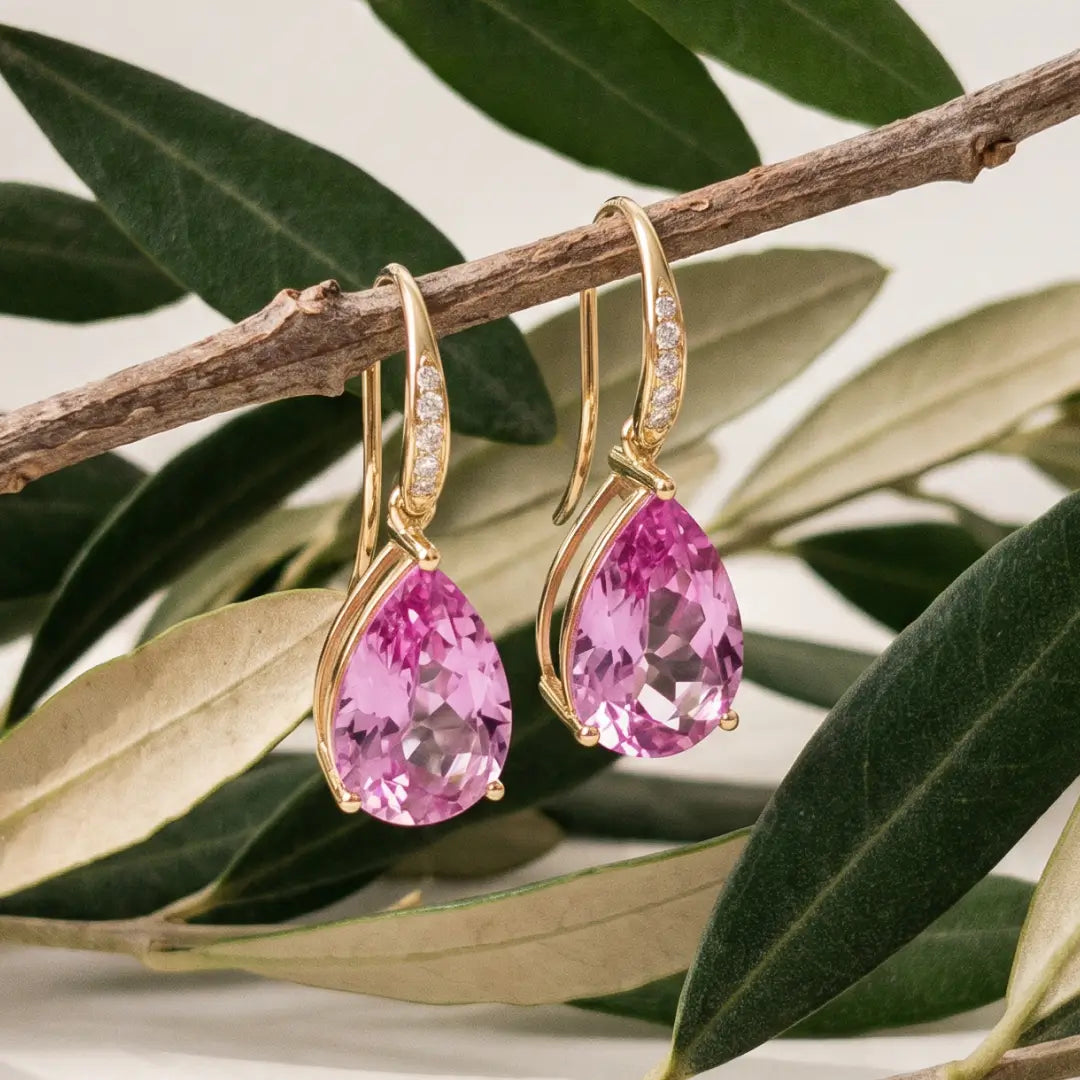 Radiant Pear 8.05ctw Lab-Grown Pink Sapphire & Diamond Drop Earrings 14k solid gold