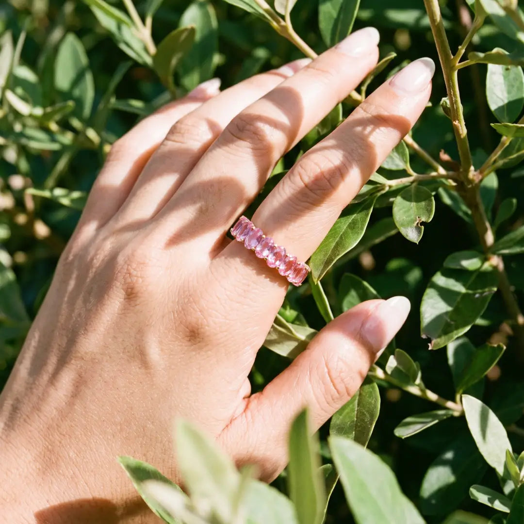 Nora 11.50 ctw Oval Lab Grown Pink Sapphire Eternity Ring in 14k yellow gold