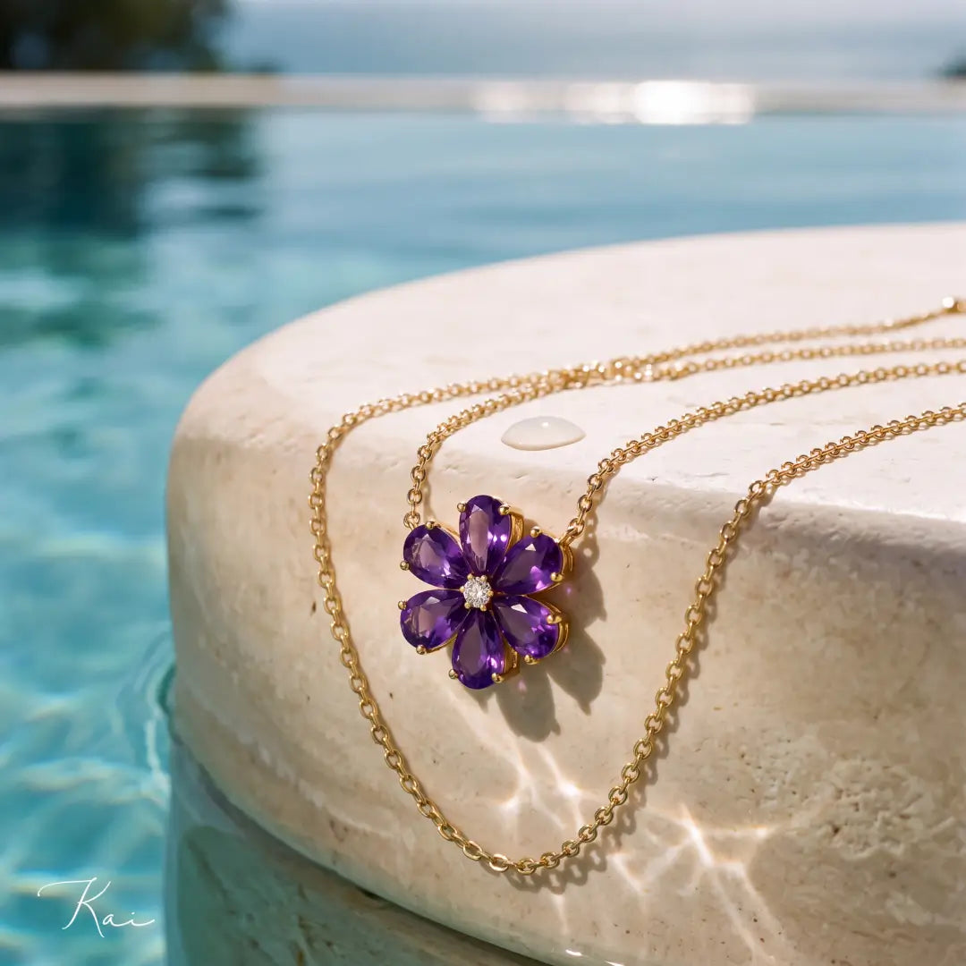 Flora Blossom Amethyst Diamond Necklace 14k yellow gold