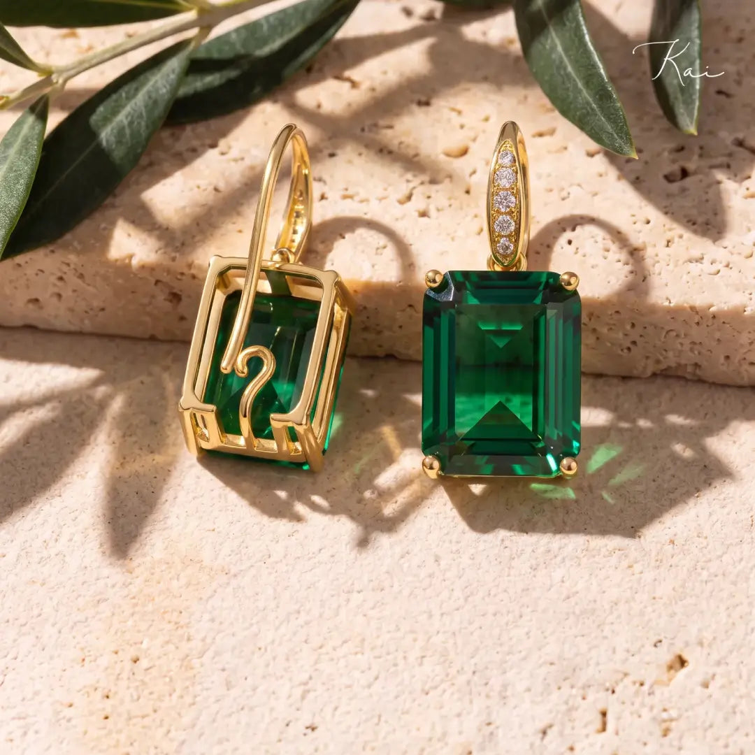 Radiant 6.85ctw Lab-Grown Emerald Diamond Drop Earrings in 14k yellow gold