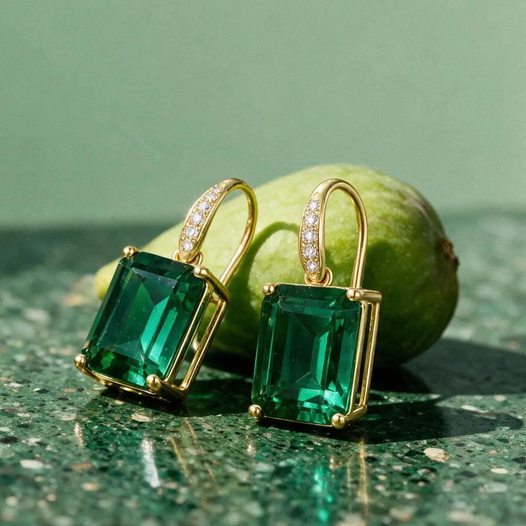 Radiant 6.85ctw Lab-Grown Emerald Diamond Drop Earrings in 14k yellow gold