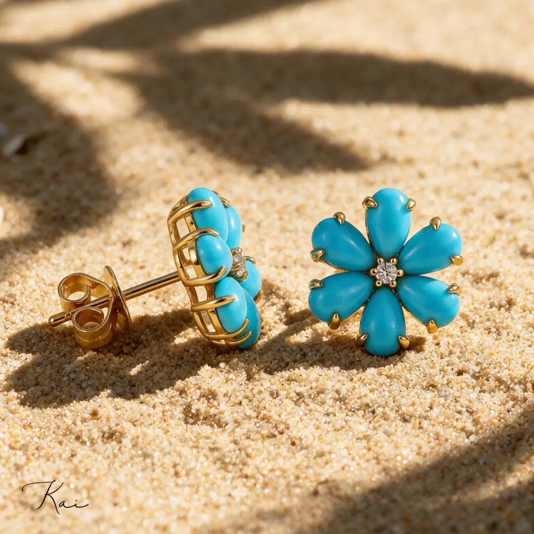 Flora Natural Sleeping Beauty Turquoise Diamond Earrings in 14k yellow gold