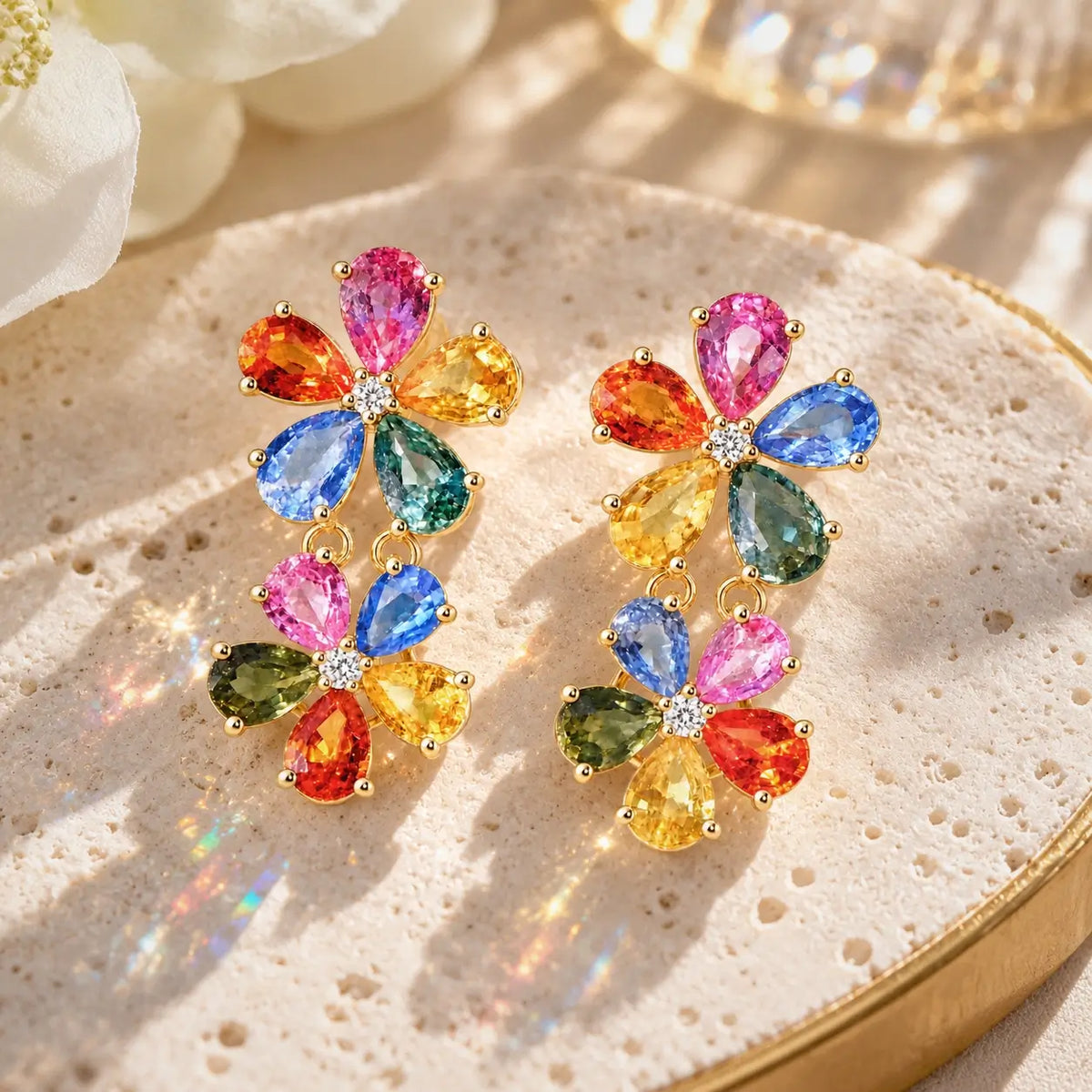 14k yellow gold Nina Zhou x Kai Double Blossom 7.04 ctw Natural Rainbow Sapphire & Diamond Drop Earrings (One-of-a-Kind)