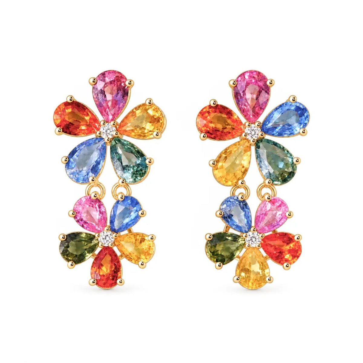 14k yellow gold Nina Zhou x Kai Double Blossom 7.04 ctw Natural Rainbow Sapphire & Diamond Drop Earrings (One-of-a-Kind)