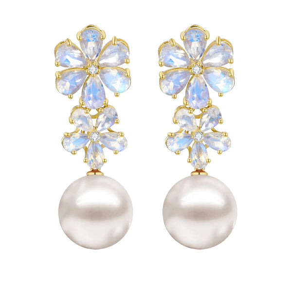 Nina Zhou x Kai 14k Gold Nautral Moonstone & Diamond Double Blossom Freshwater Pearl Convertible Drop Earrings