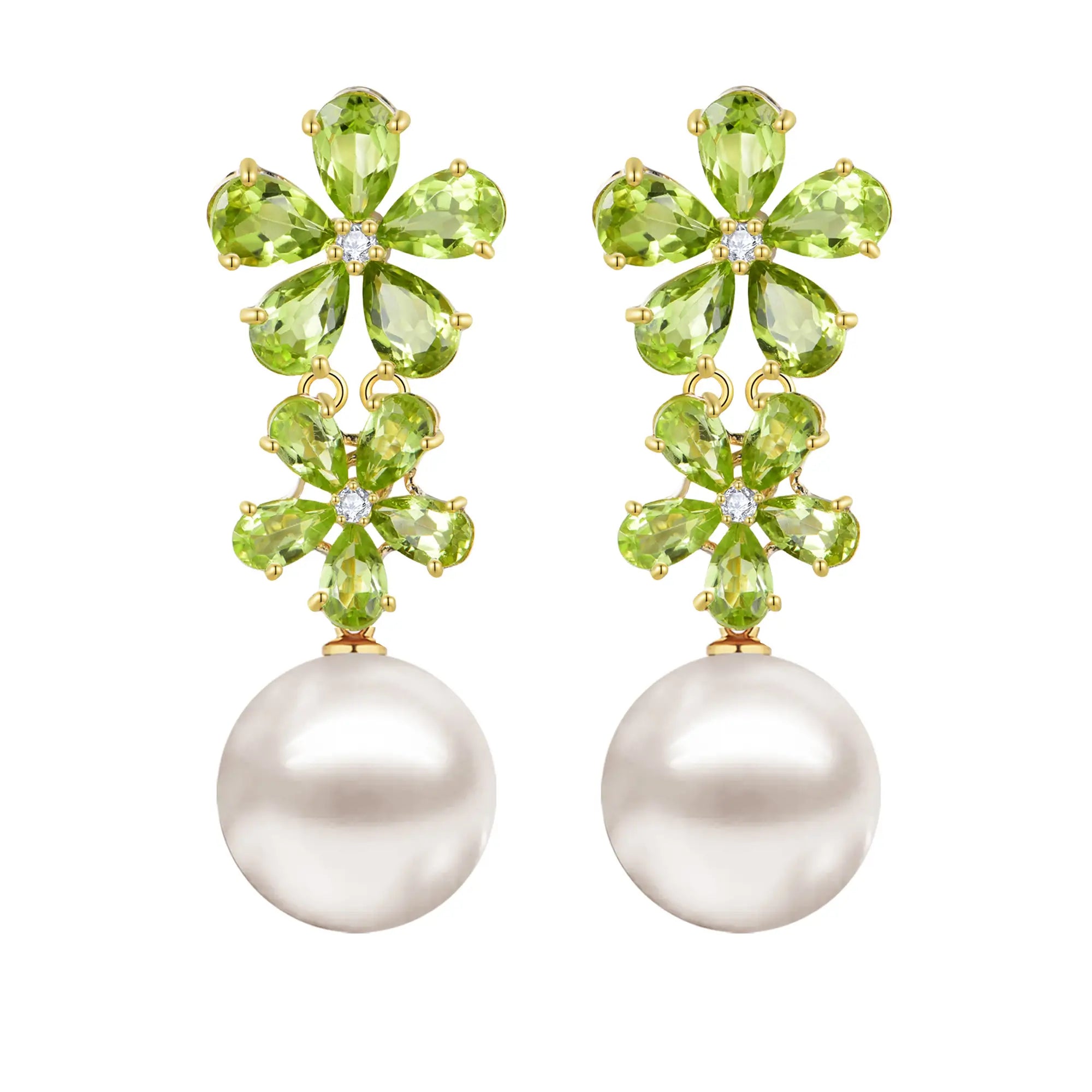 Nina Zhou x Kai Natural Peridot Diamond Double Blossom with Freshwater Pearl Convertible Drop Earrings in 14k gold